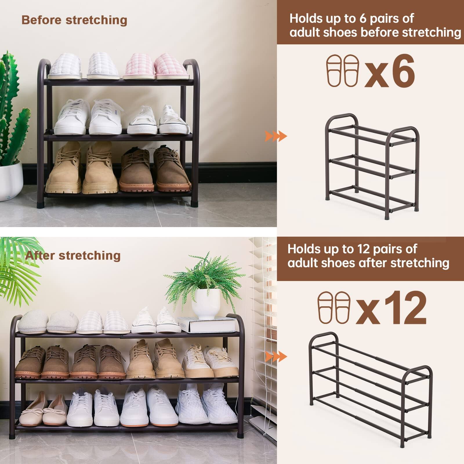 Before stretching  
Holds up to 6 pairs of adult shoes before stretching  
x6  

After stretching  
Holds up to 12 pairs of adult shoes after stretching  
x12