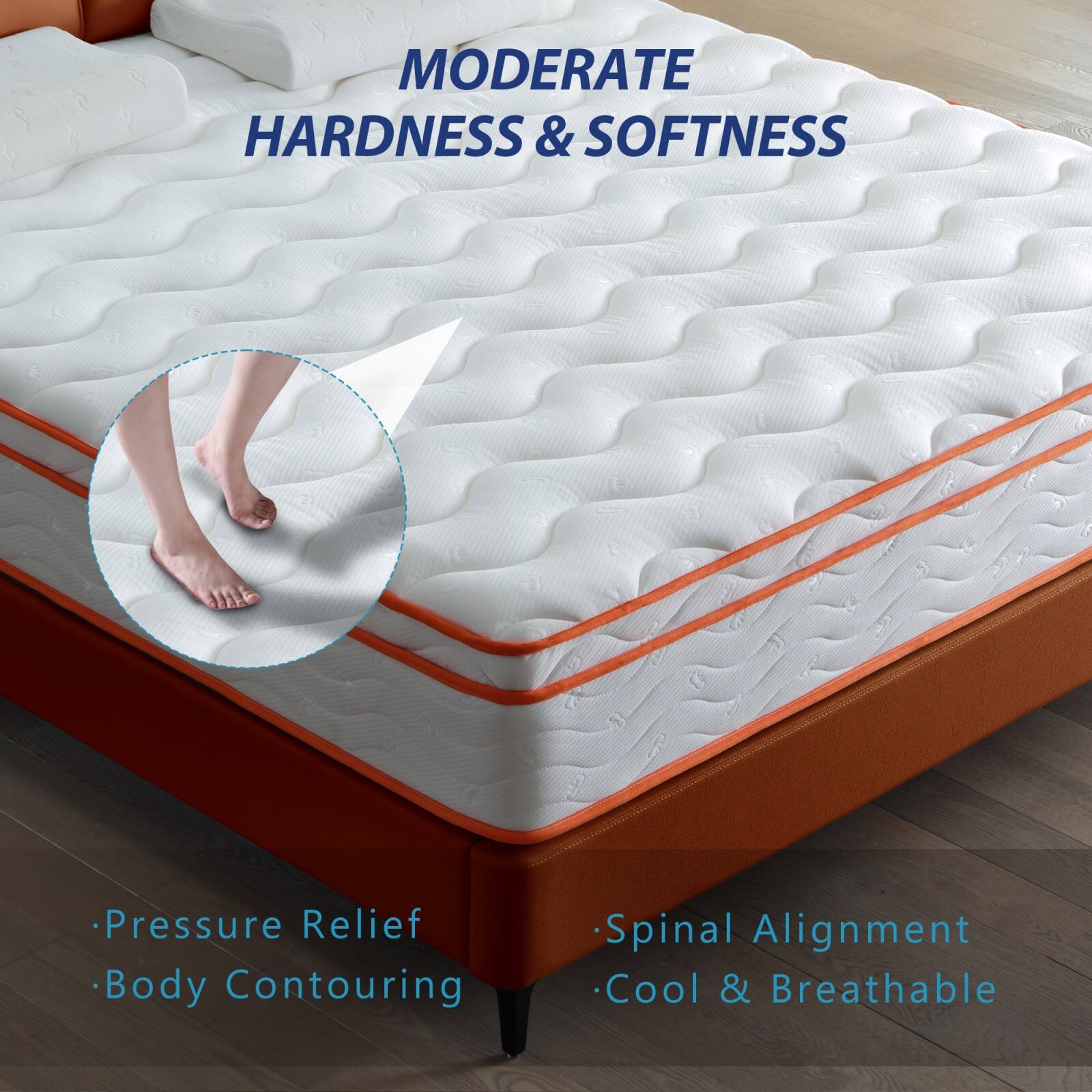 MODERATE HARDNESS & SOFTNESS

- Pressure Relief
- Body Contouring
- Spinal Alignment
- Cool & Breathable