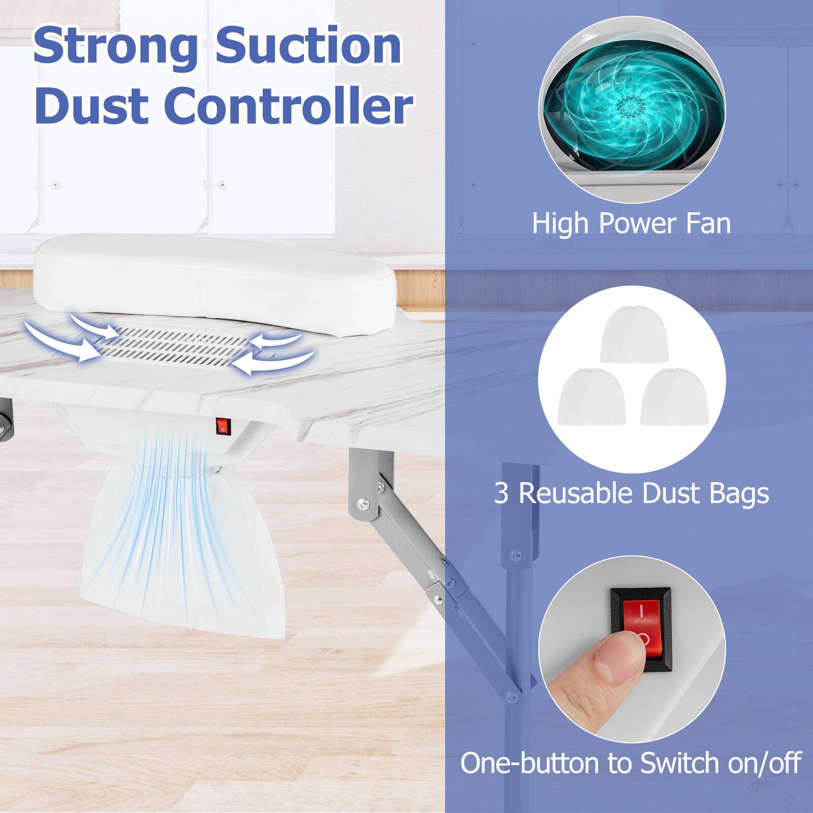 Strong Suction Dust Controller  
High Power Fan  
3 Reusable Dust Bags  
One-button to Switch on/off