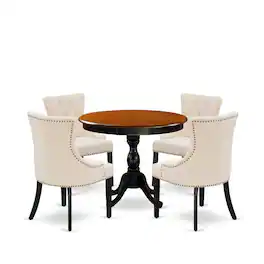 East West Furniture - 5-Piece Round Dining Table Set Contains a Dining Room Table and 4 Light Beige Linen Fabric Dining - Multi-Color