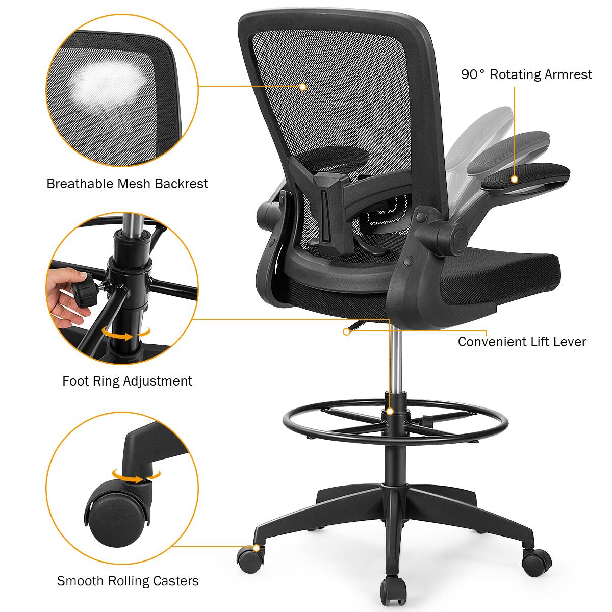 The image shows a black office chair with a mesh backrest, which is designed to provide comfort and breathability. The chair also features a convenient lift lever for easy adjustment, and smooth rolling casters for effortless movement. Additionally, the chair has foot ring adjustment, allowing the user to customize their seating position for optimal comfort.