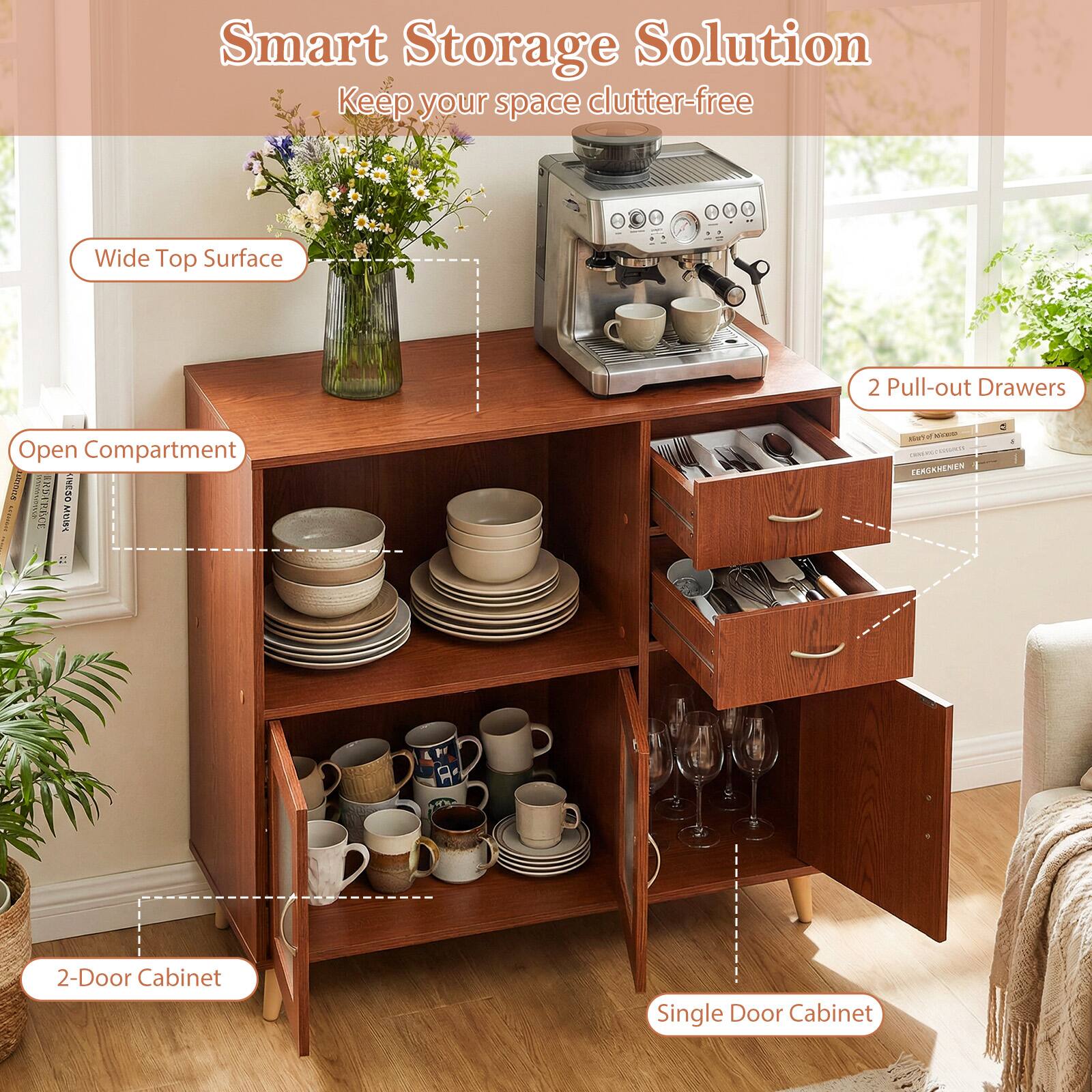 Smart Storage Solution  
Keep your space clutter-free  

- Wide Top Surface  
- Open Compartment  
- 2 Pull-out Drawers  
- 2-Door Cabinet  
- Single Door Cabinet