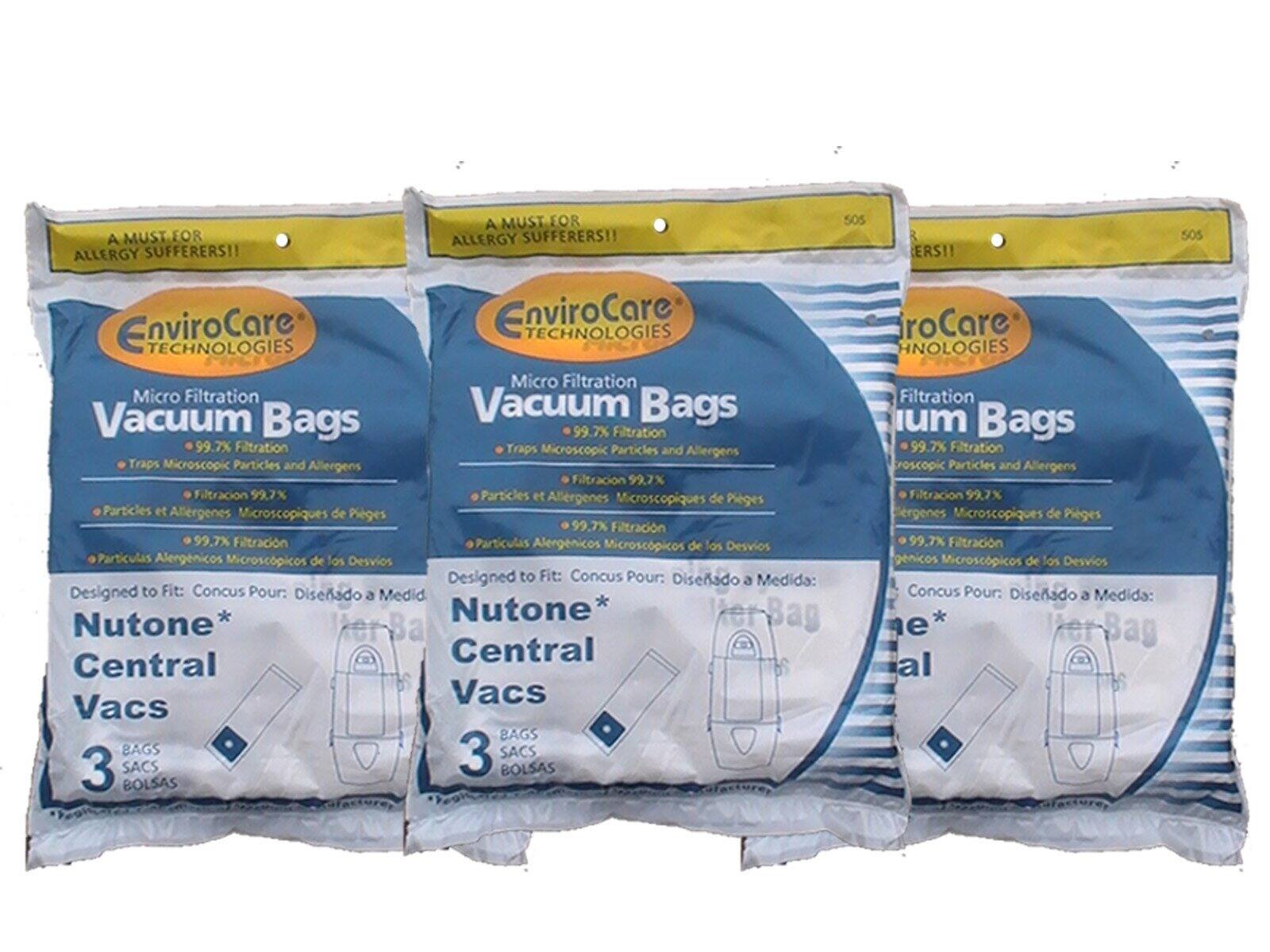 A MUST FOR ALLERGY SUFFERERS!!  
EnviroCare TECHNOLOGIES  
Micro Filtration Vacuum Bags  
99.7% Filtration Traps Microscopic Particles and Allergens  

Designed to Fit:  
Nutone* Central Vacs  

3 BAGS