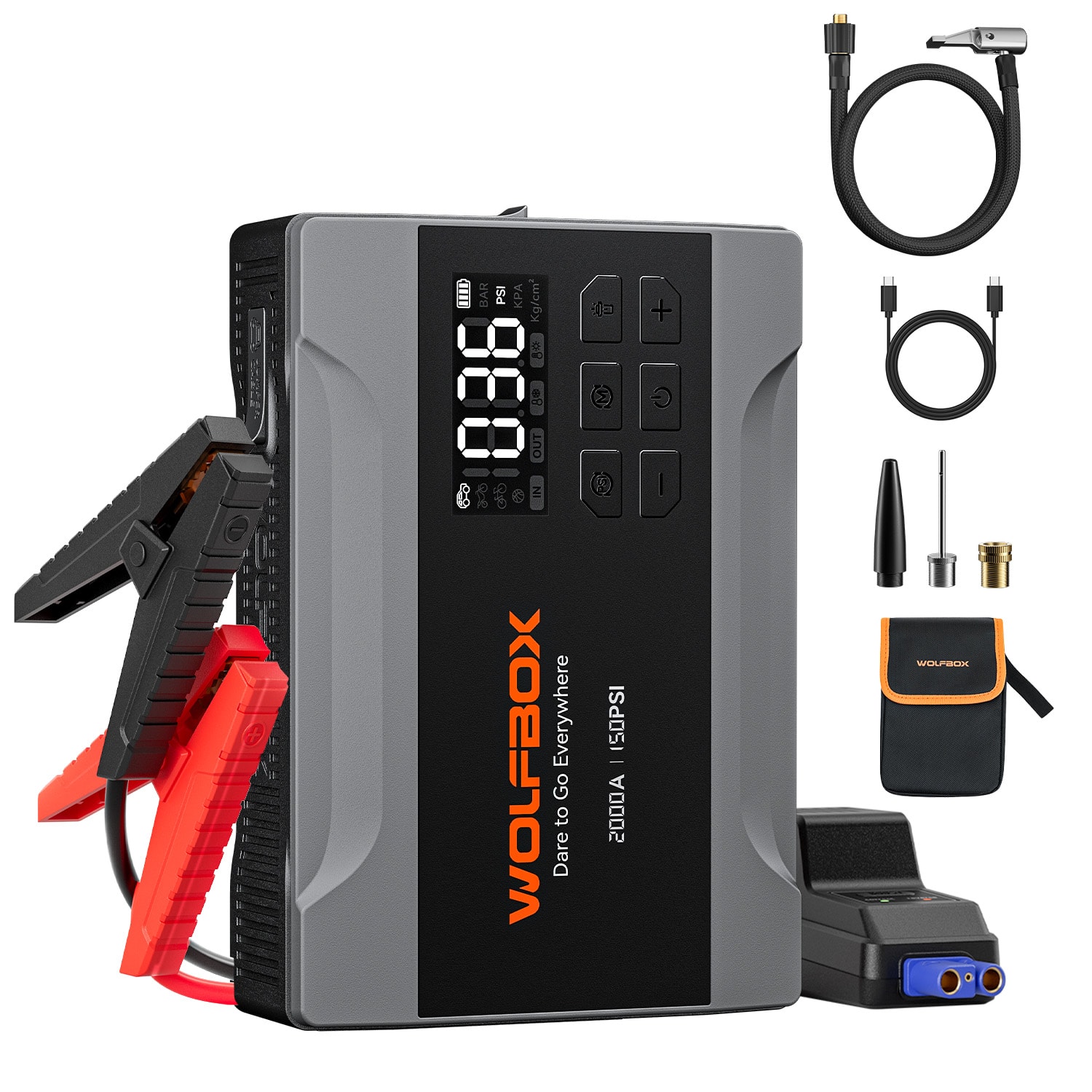 WOLFBOX - 2000A Jump Starter with Air Compressor (up to 5L Gas Engine), 12V Jump Box with 150PSI Tire Inflator, Boost, LED Light