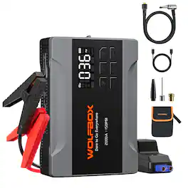 WOLFBOX - 2000A Jump Starter with Air Compressor (up to 5L Gas Engine), 12V Jump Box with 150PSI Tire Inflator, Boost, LED Light