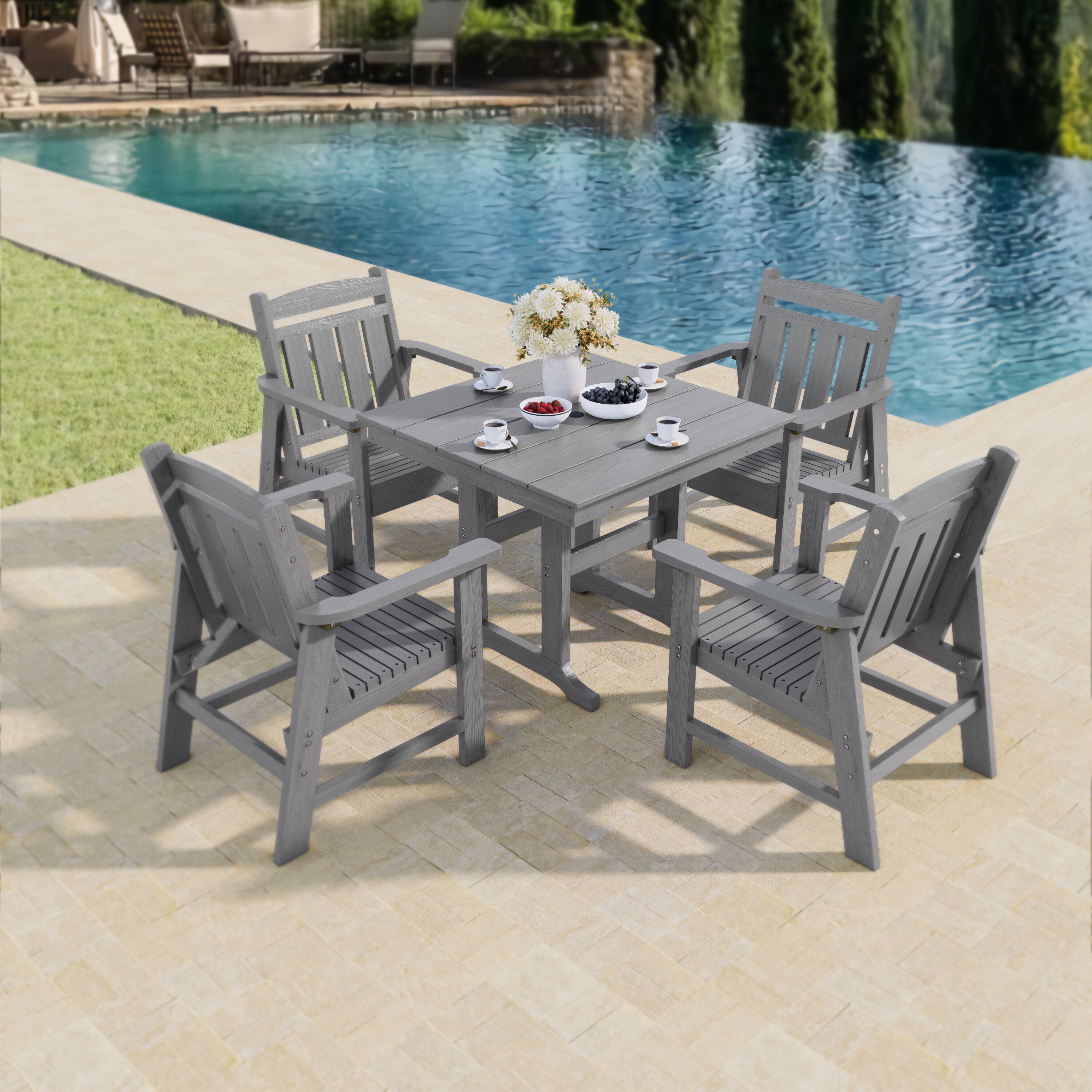 Front. Fortune Candy - Modern HDPE Patio Dining Set, 5-Piece Poly Lumber Table & Chairs with Umbrella Hole, Weather-Resistant for Yard & Lawn - Gray.
