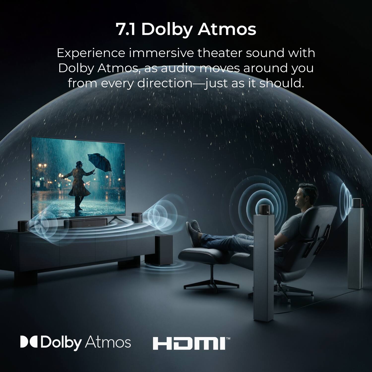 7.1 Dolby Atmos

Experience immersive theater sound with Dolby Atmos, as audio moves around you from every direction—just as it should.

Dolby Atmos HDMI