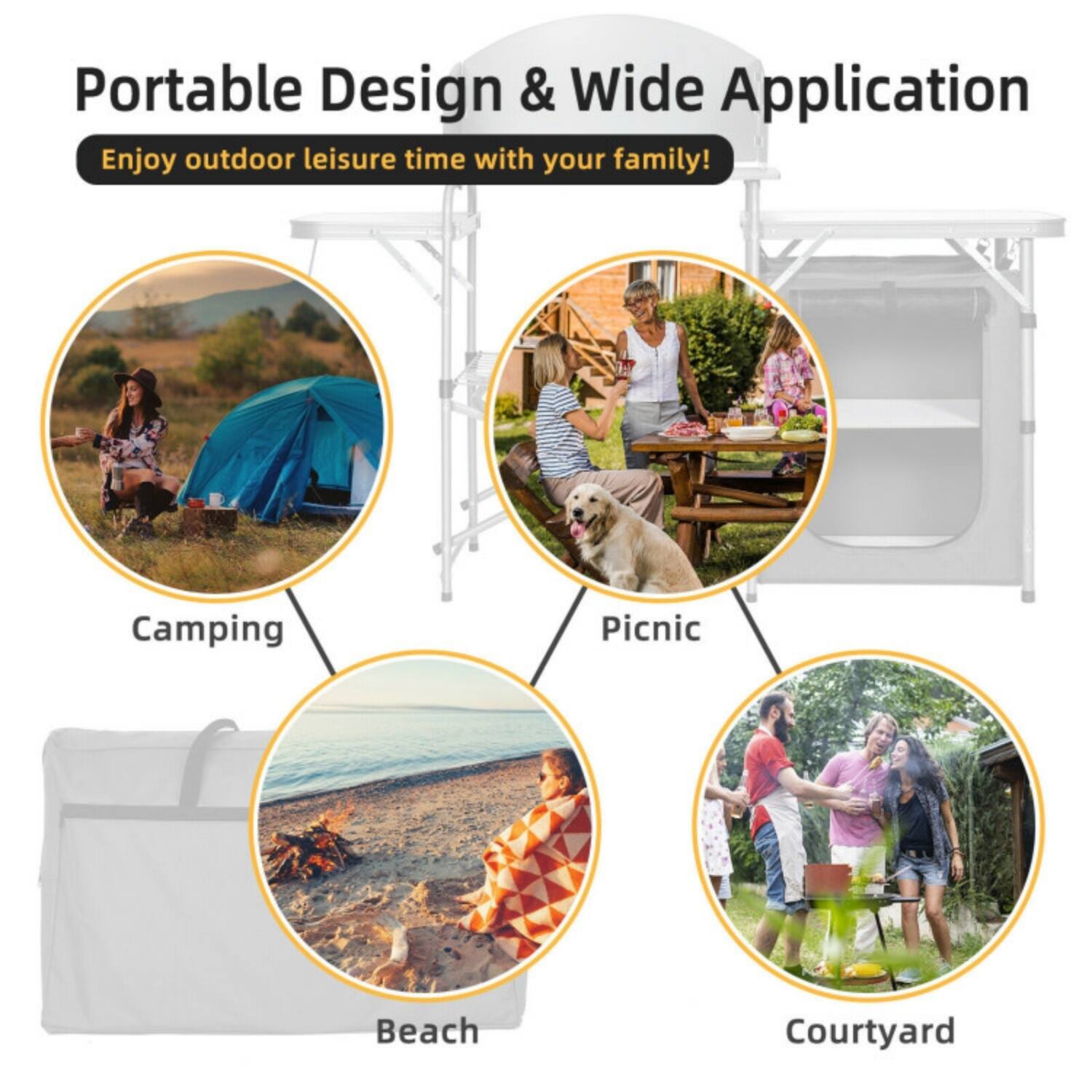 Portable Design & Wide Application  
Enjoy outdoor leisure time with your family!  

- Camping  
- Picnic  
- Beach  
- Courtyard