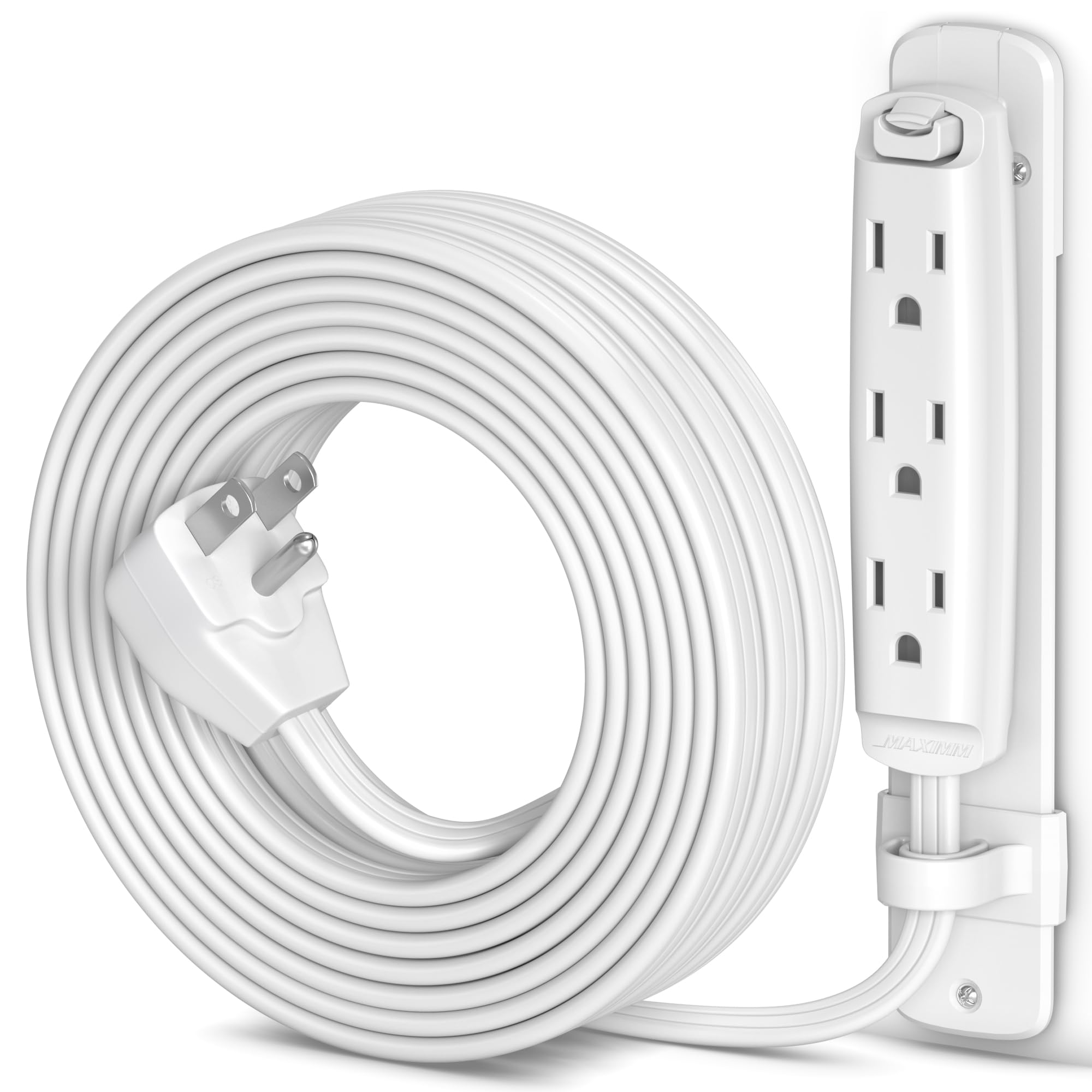 Maximm - Flat Extension Cord 25 ft Multi 3-Outlet Power Cord with Mounting Bracket, Grounded 16 AWG UL Certified - White