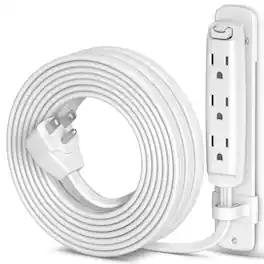 Maximm - Flat Extension Cord 25 ft Multi 3-Outlet Power Cord with Mounting Bracket, Grounded 16 AWG UL Certified - White