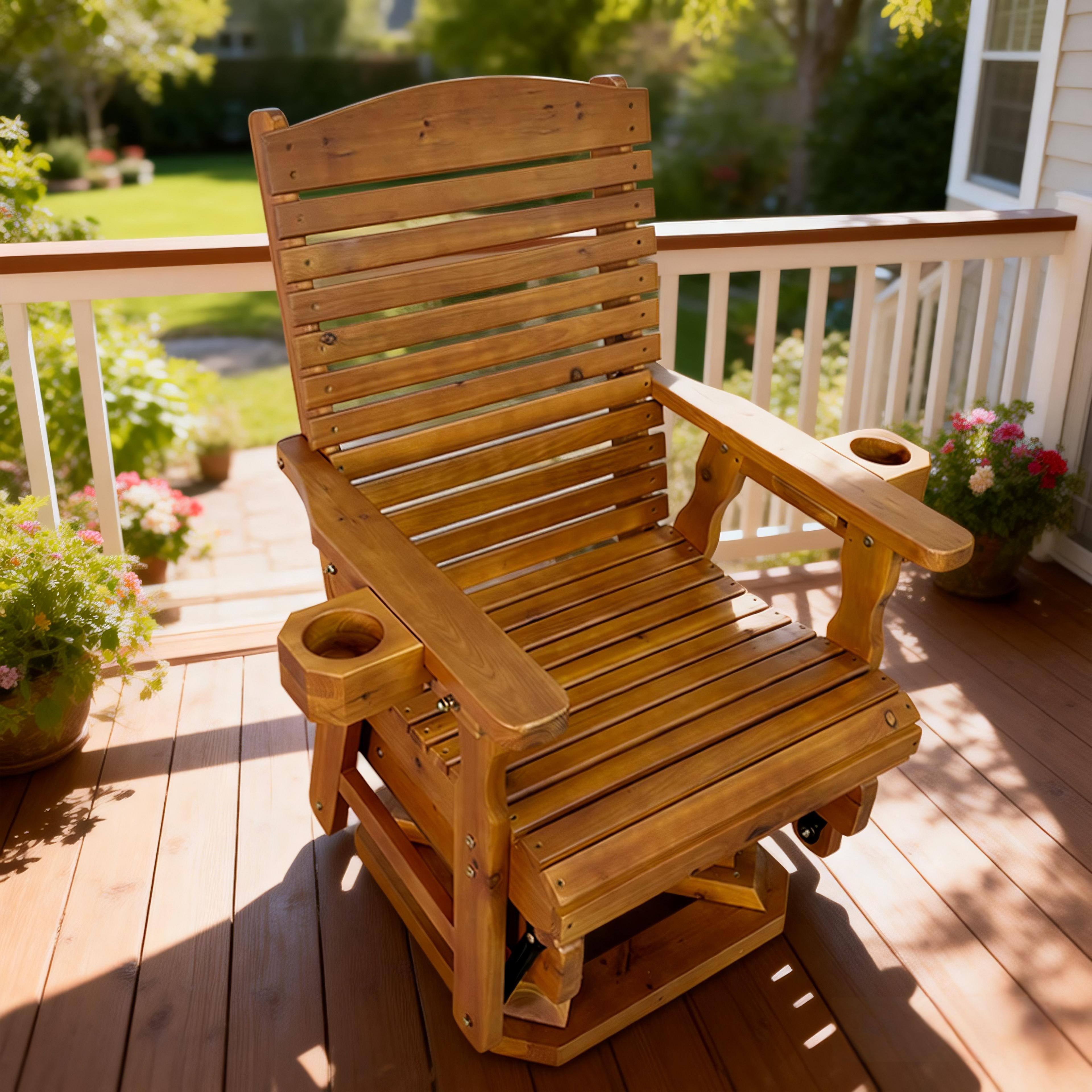 Angle. Fortune Candy - Wooden Swivel Glider Chair, 360° Patio Rocker, Solid Fir Wood, Smooth Glide for Porch Yard Garden（Teak Tone） - Teak Tone.