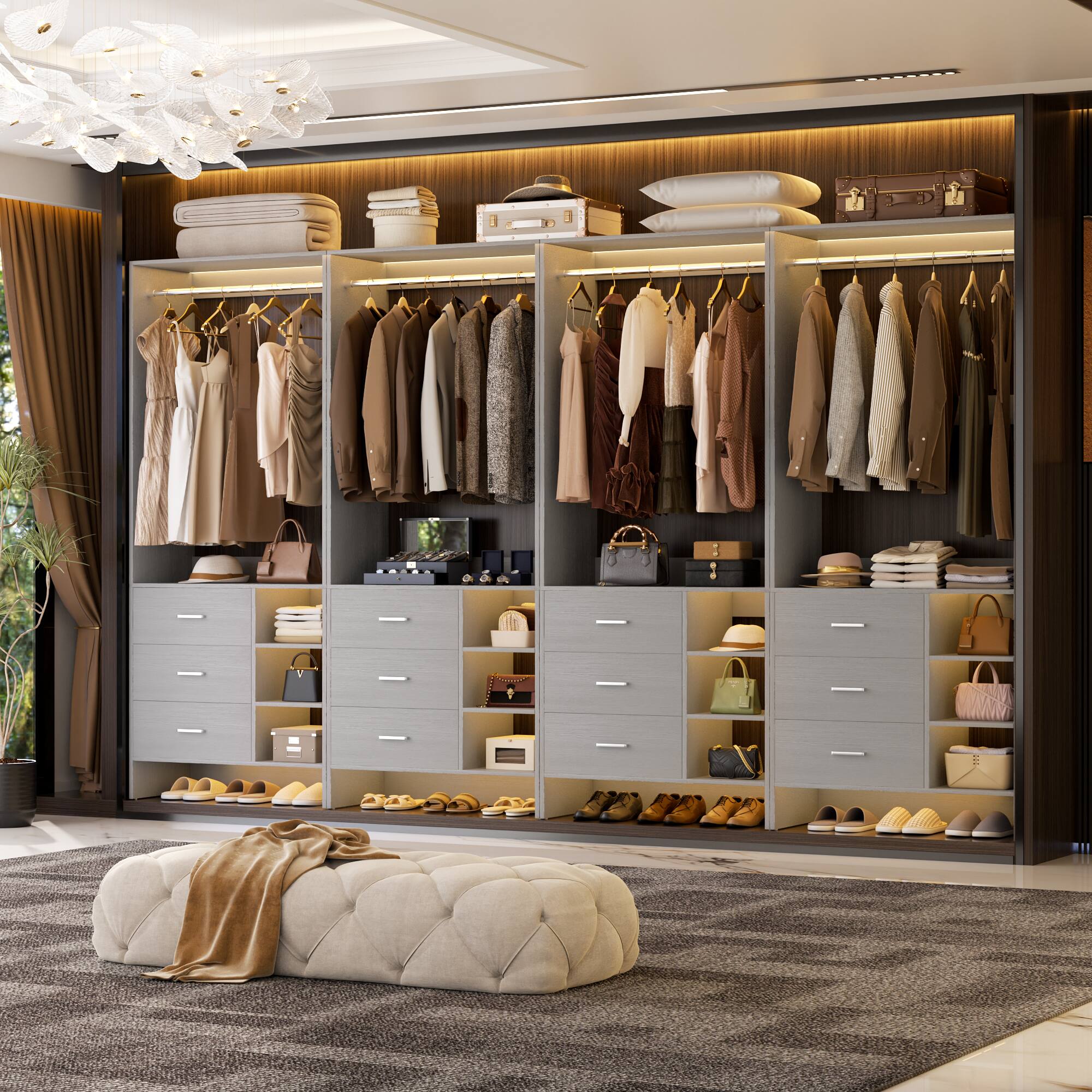 Alt View 4. Aheaplus - 10FT Large Closet System 4-Piece Set with 12 Drawers, 118'' Walk-in Closet Organizer with Hanging Rods for Closet - Gray.