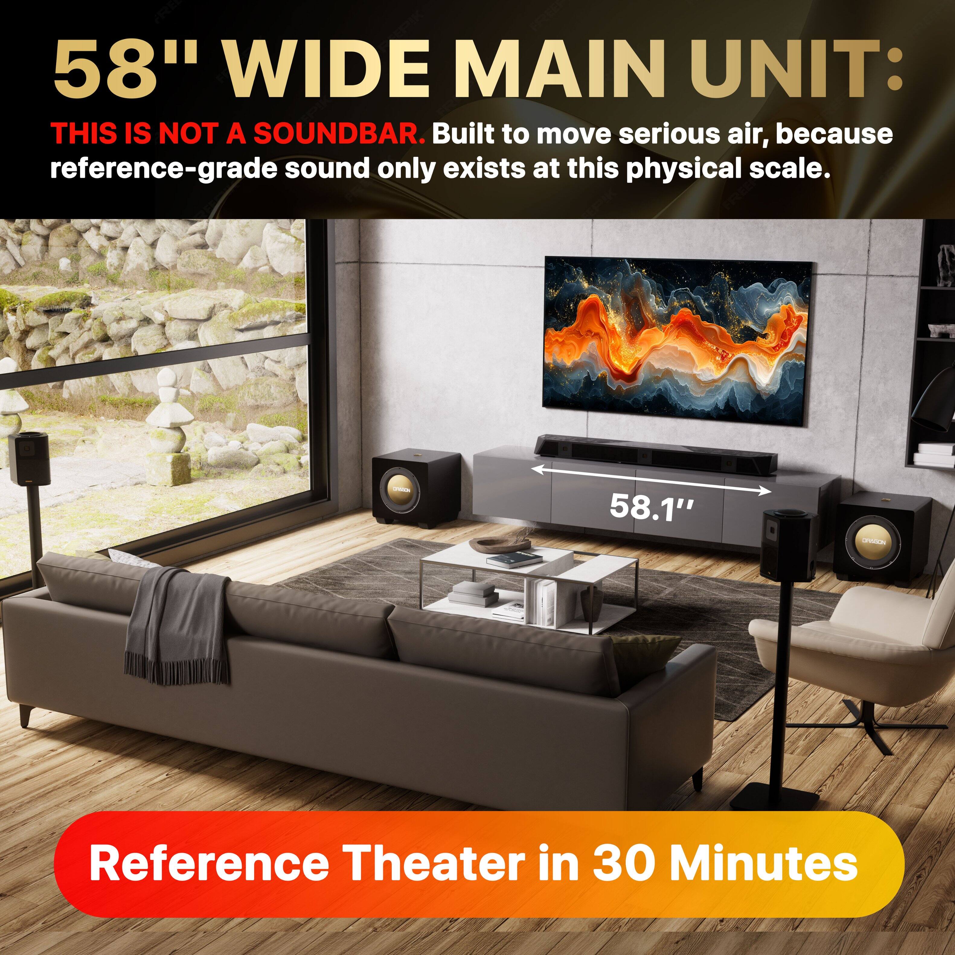 58" WIDE MAIN UNIT:  
THIS IS NOT A SOUNDBAR. Built to move serious air, because reference-grade sound only exists at this physical scale.  

58.1" UI Reference Theater in 30 Minutes