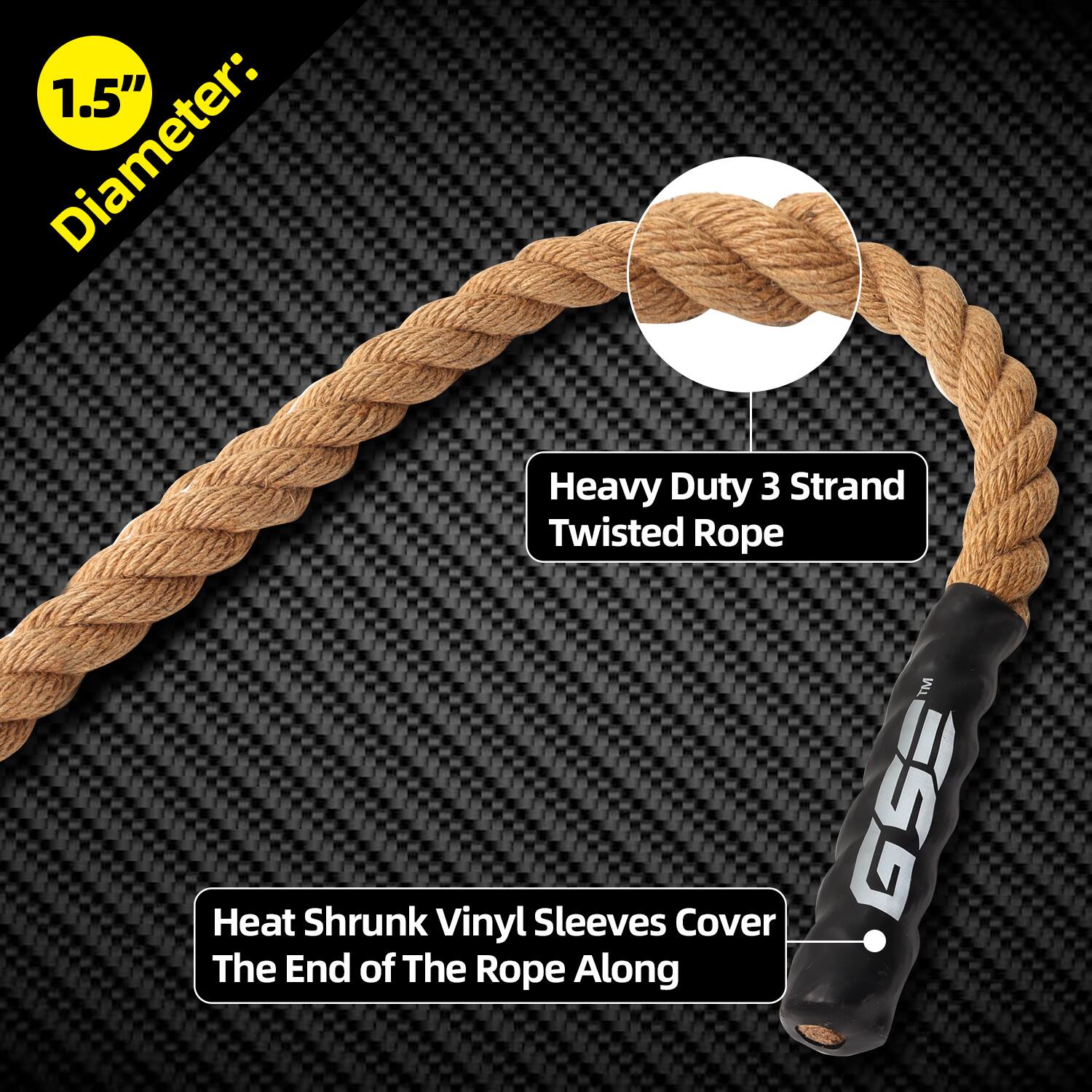 1.5" Diameter: Heavy Duty 3 Strand Twisted Rope, Heat Shrunk Vinyl Sleeves Cover The End of The Rope Along