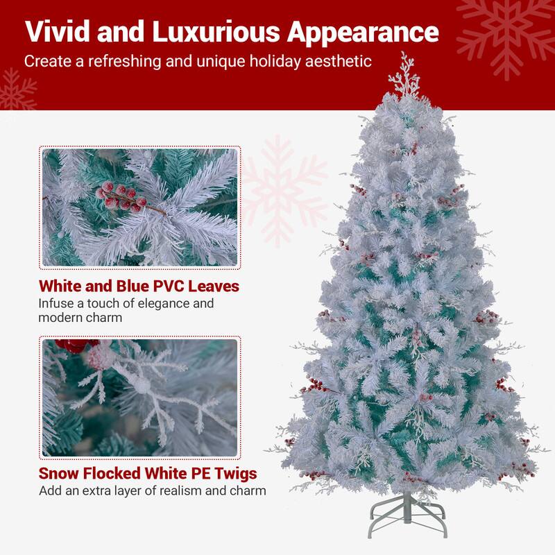 Vivid and Luxurious Appearance  
Create a refreshing and unique holiday aesthetic

White and Blue PVC Leaves  
Infuse a touch of elegance and modern charm

Snow Flocked White PE Twigs  
Add an extra layer of realism and charm