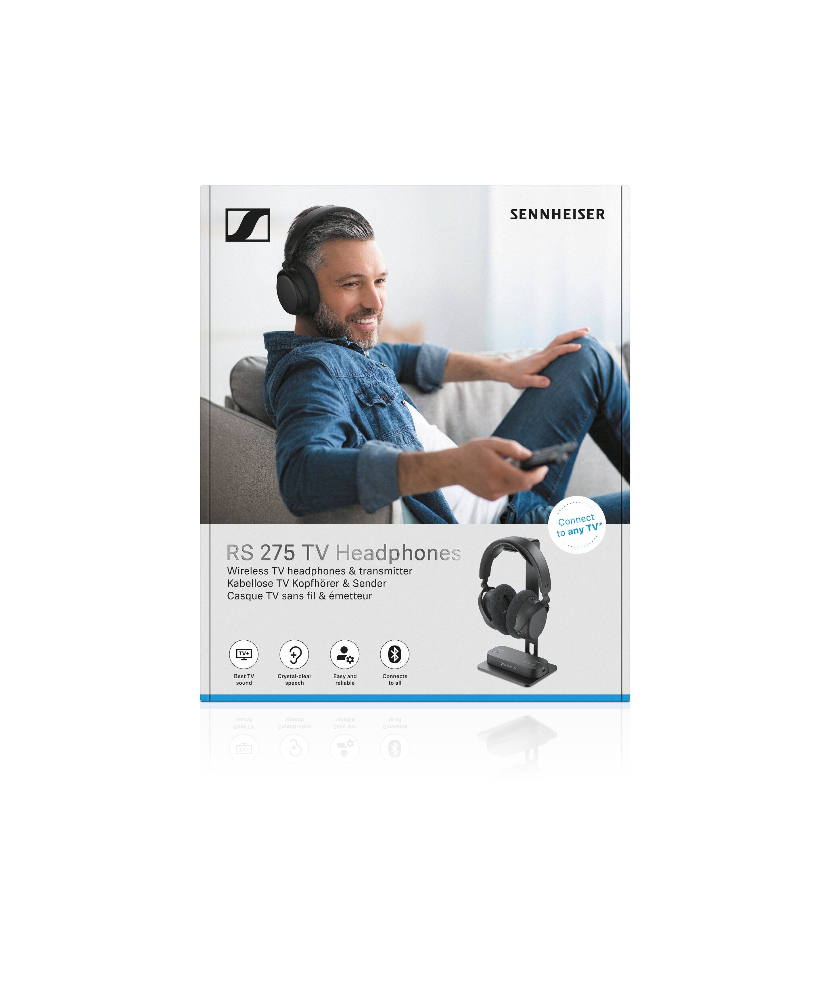 SENNHEISER RS 275 TV Headphones Wireless TV headphones & transmitter  
Kabellose TV Kopfhörer & Sender  
Casque TV sans fil & émetteur  

Connect TV* to any TV+  
Best TV sound + Crystal-clear speech  
Easy and reliable  
Connects to all  

RS 275 TV Headphones  
Wireless TV headphones & transmitter  
Kabellose TV Kopfhörer & Sender  
Casque TV sans fil & émetteur  

Best TV sound  
Crystal-clear speech  
Easy and reliable  
Connects to all  

Connect to any TV*