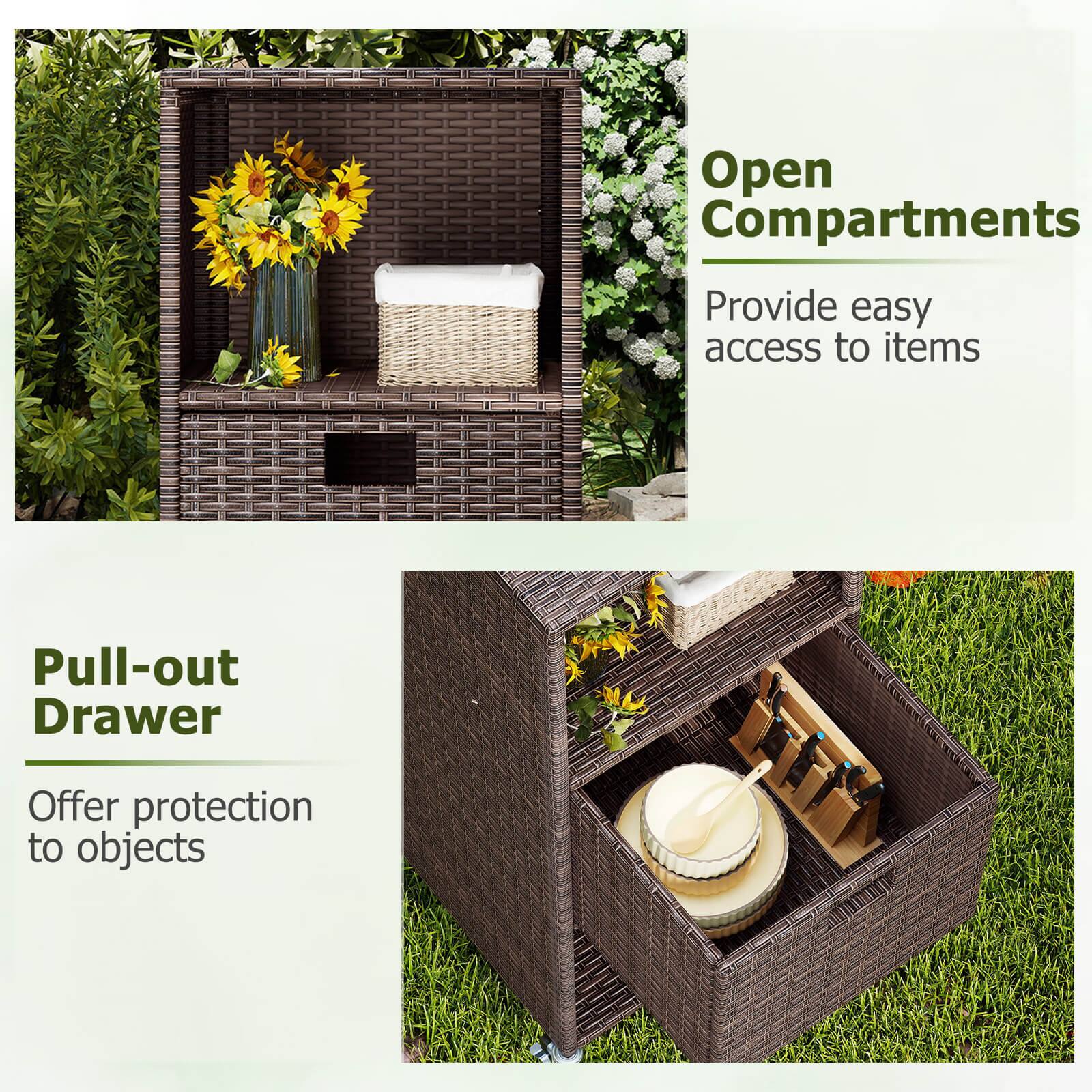 Open Compartments  
Provide easy access to items  

Pull-out Drawer  
Offer protection to objects