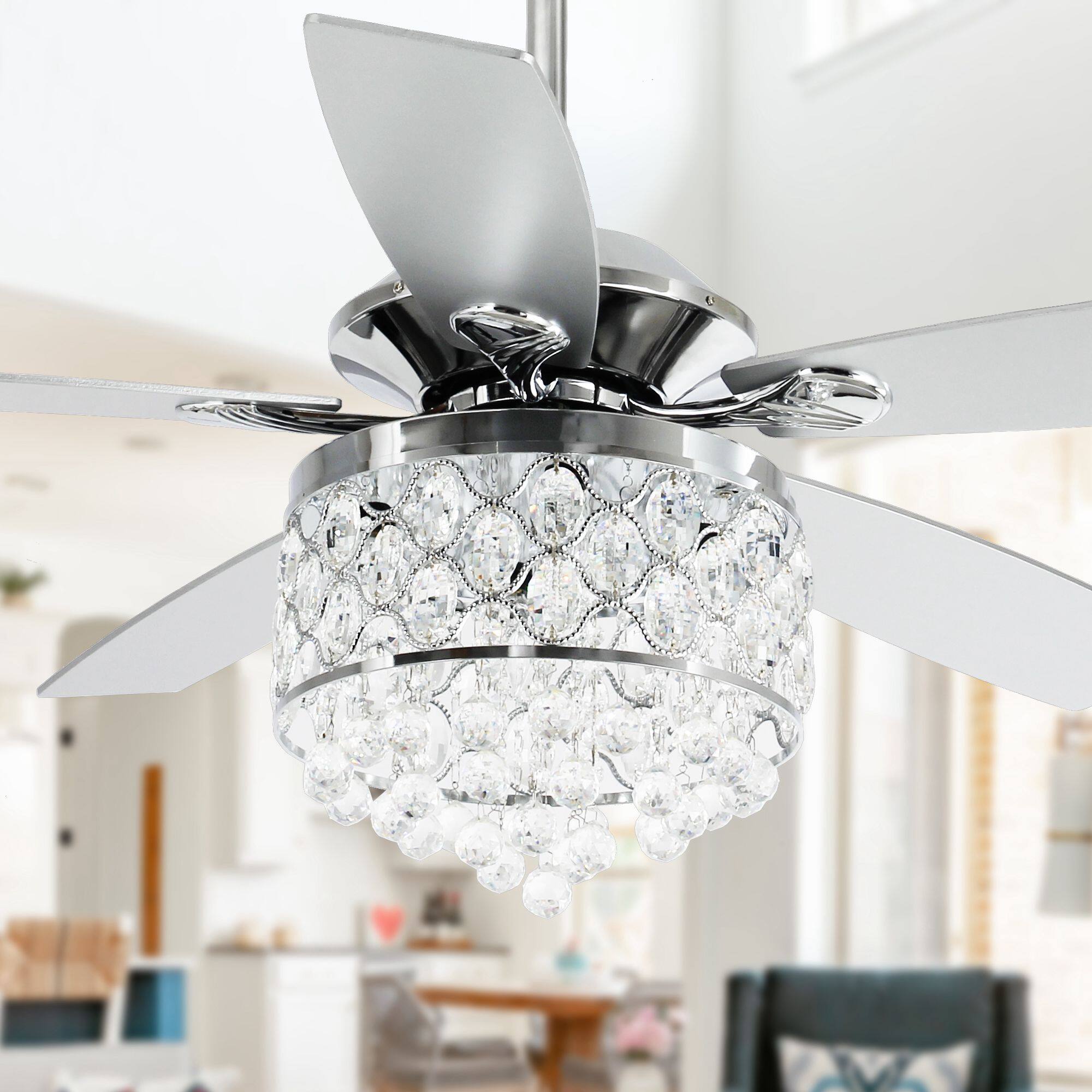 Front. Parrot Uncle - 52" Modern Silver 5-Blade Crystal Ceiling Fan with Remote Control - Chrome.