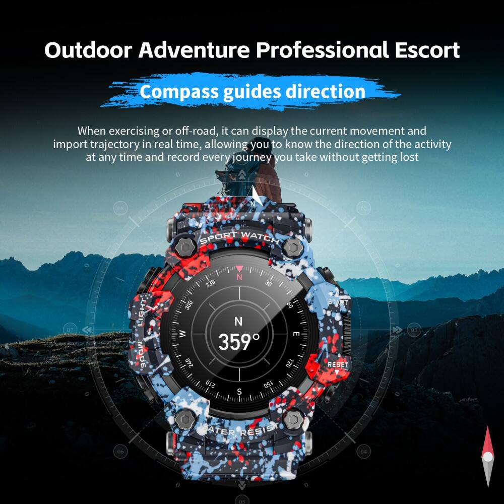 Outdoor Adventure Professional Escort  
Compass guides direction  

When exercising or off-road, it can display the current movement and import trajectory in real time, allowing you to know the direction of the activity at any time and record every journey you take without getting lost  

SPORT WATCH 07  
LIGHT MODE 300 W 240 N 330 30 N 359 210 150 S 09 E 120  
START RESET 03  
ATER RESIST 06 04