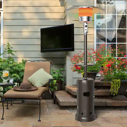 Front. Gymax - Gymax Outdoor Patio Heater Propane Standing LP Gas Steel W/Table & Wheels Bronze - Bronze.