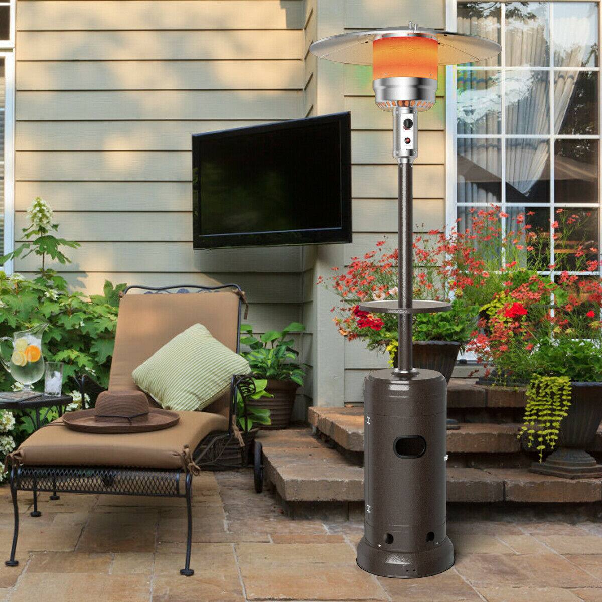 Front. Gymax - Gymax Outdoor Patio Heater Propane Standing LP Gas Steel W/Table & Wheels Bronze - Bronze.
