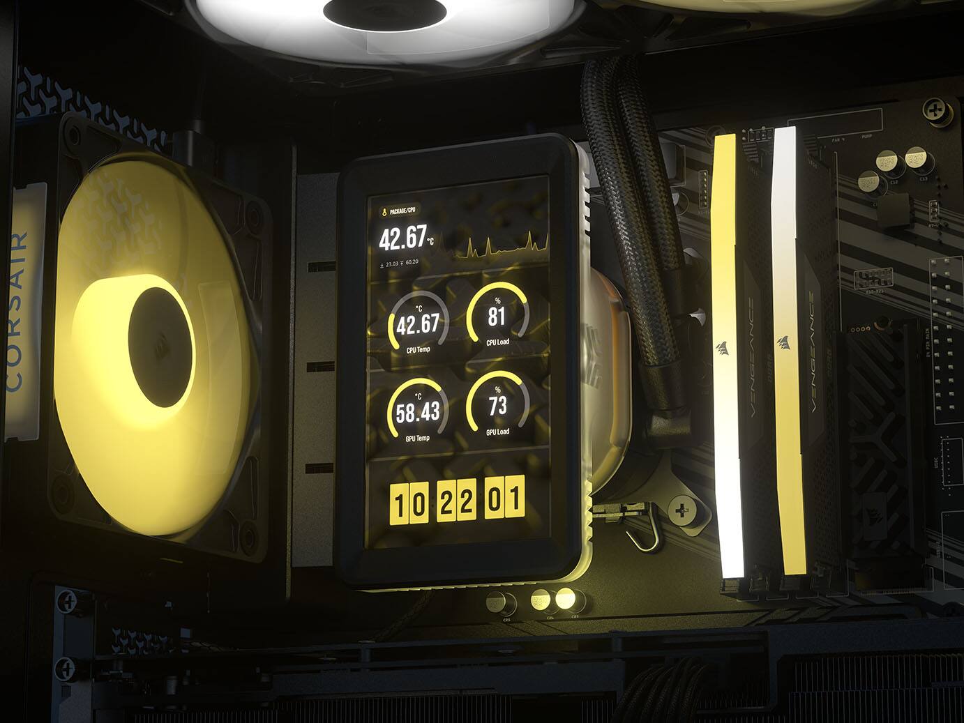 CORSAIR  
5 PACKAGE/SPU 42.67 C 23.03 . 60.20 . C 42.67 CPU Temp C 58.43 GPU Temp  
% 81 CPU Load % 73 GPU Load  
CONVENGEA  
VENGEANCE  
1 0 2 2 0 1