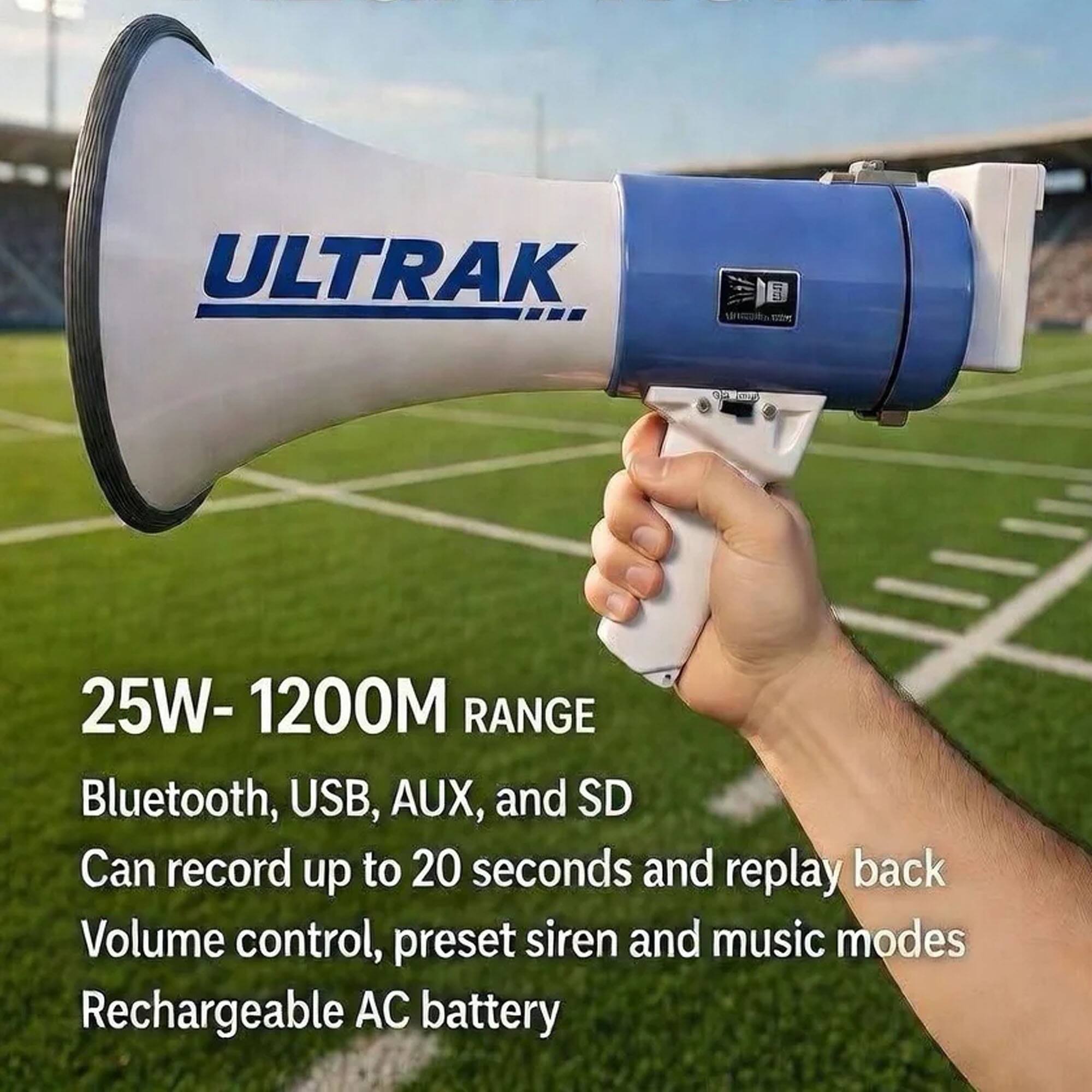 ULTRAK - a 25W-1200M RANGE Bluetooth, USB, AUX, and SD Can record up to 20 seconds and replay back Volume control, preset siren and music modes Rechargeable AC battery
