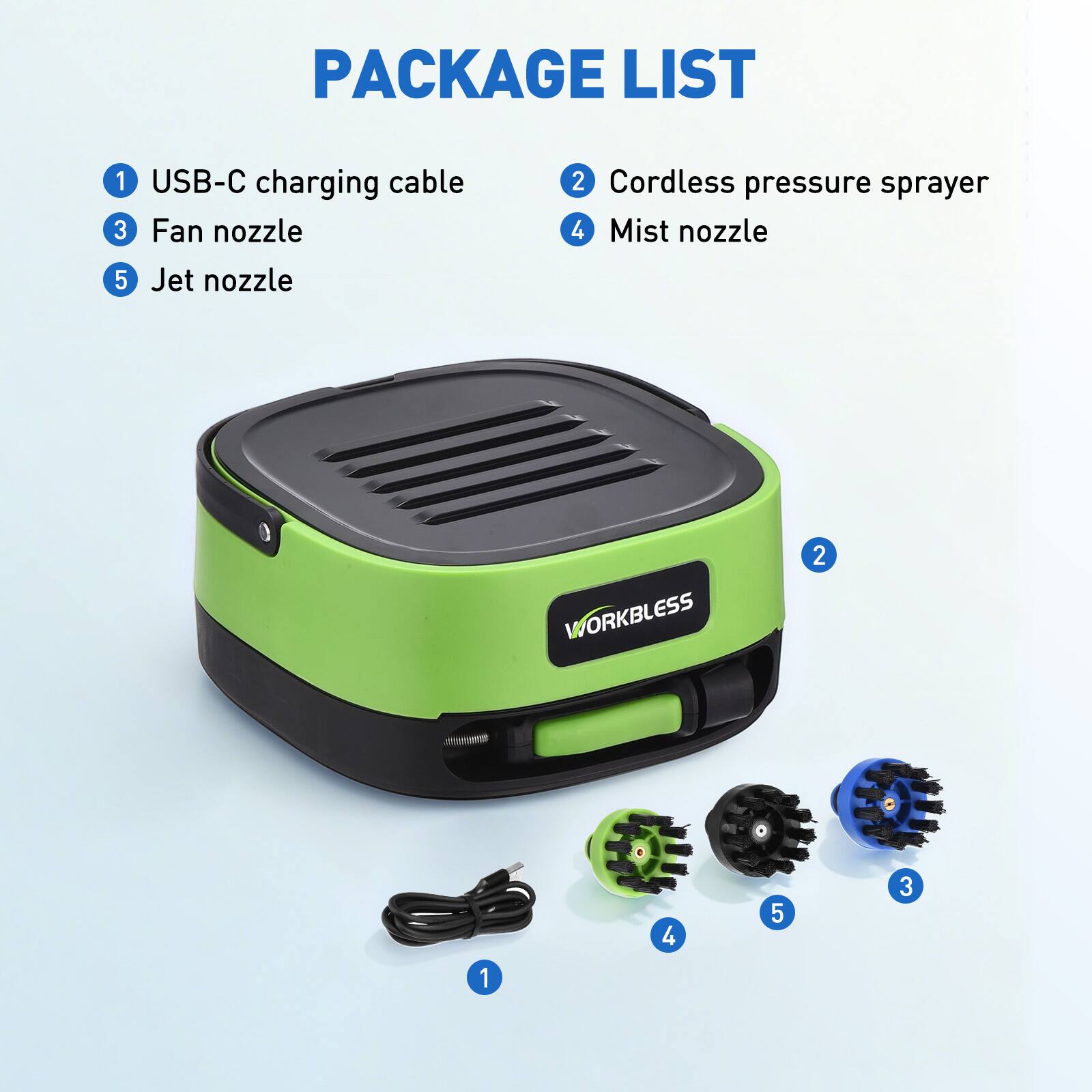 PACKAGE LIST

1. USB-C charging cable
2. Cordless pressure sprayer
3. Fan nozzle
4. Mist nozzle
5. Jet nozzle