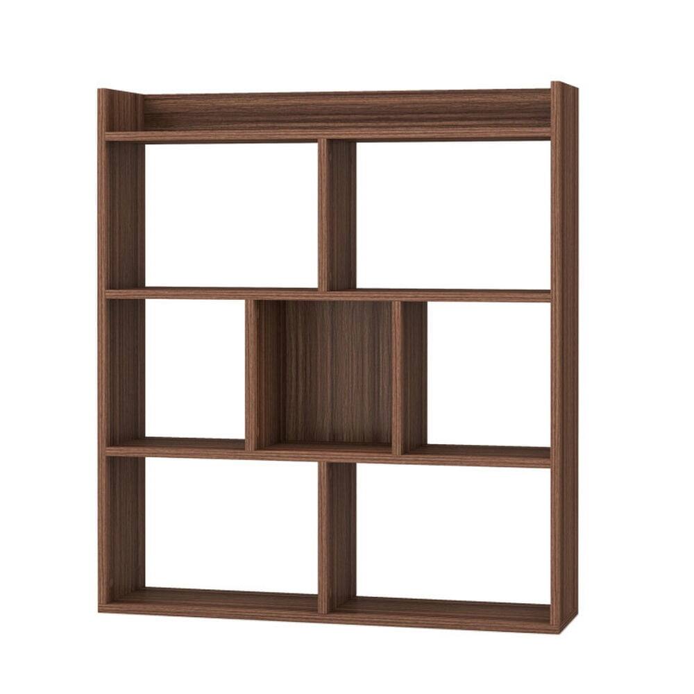 Front. Pefilos - 7 Cubes Open-back Bookshelf with Anti-Toppling Devices-Walnut, High Bookshelf - Brown.