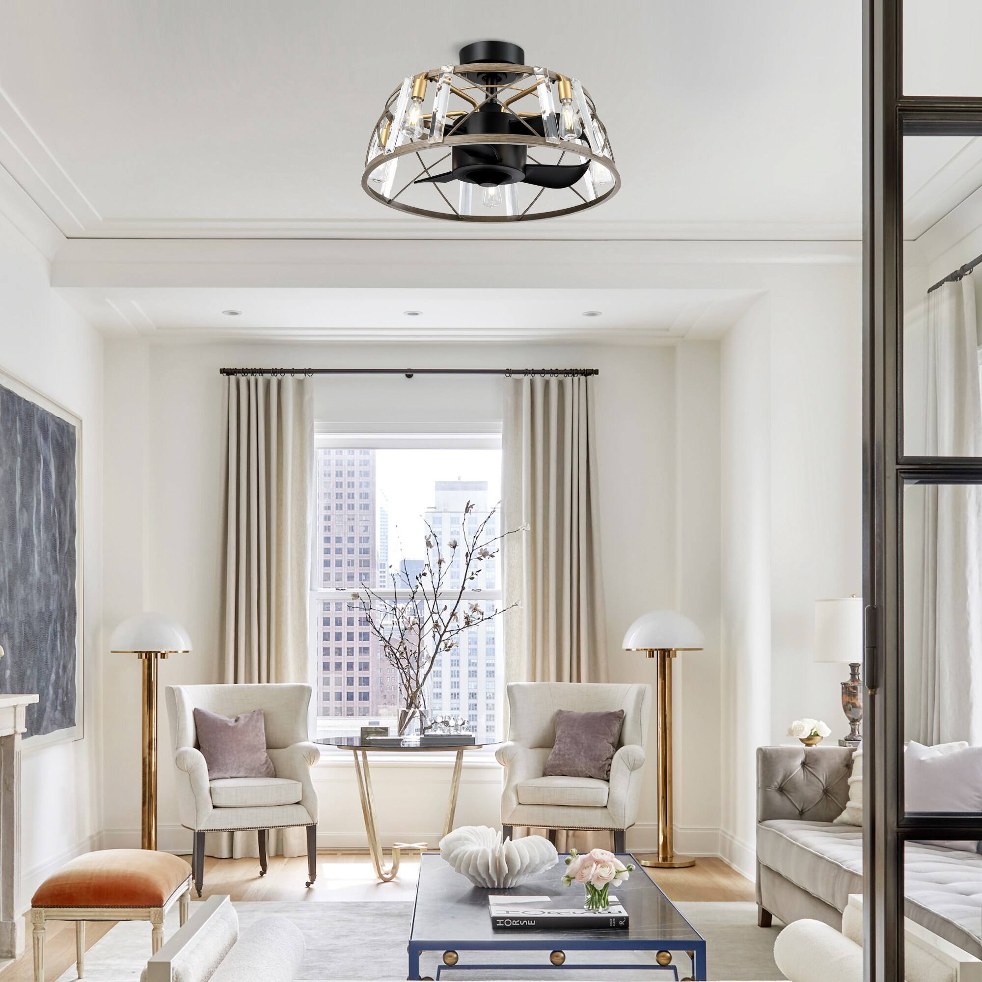 Angle. Parrot Uncle - 25" Modern Matte Black Crystal Cage Chandelier Ceiling Fan with Remote - Black.