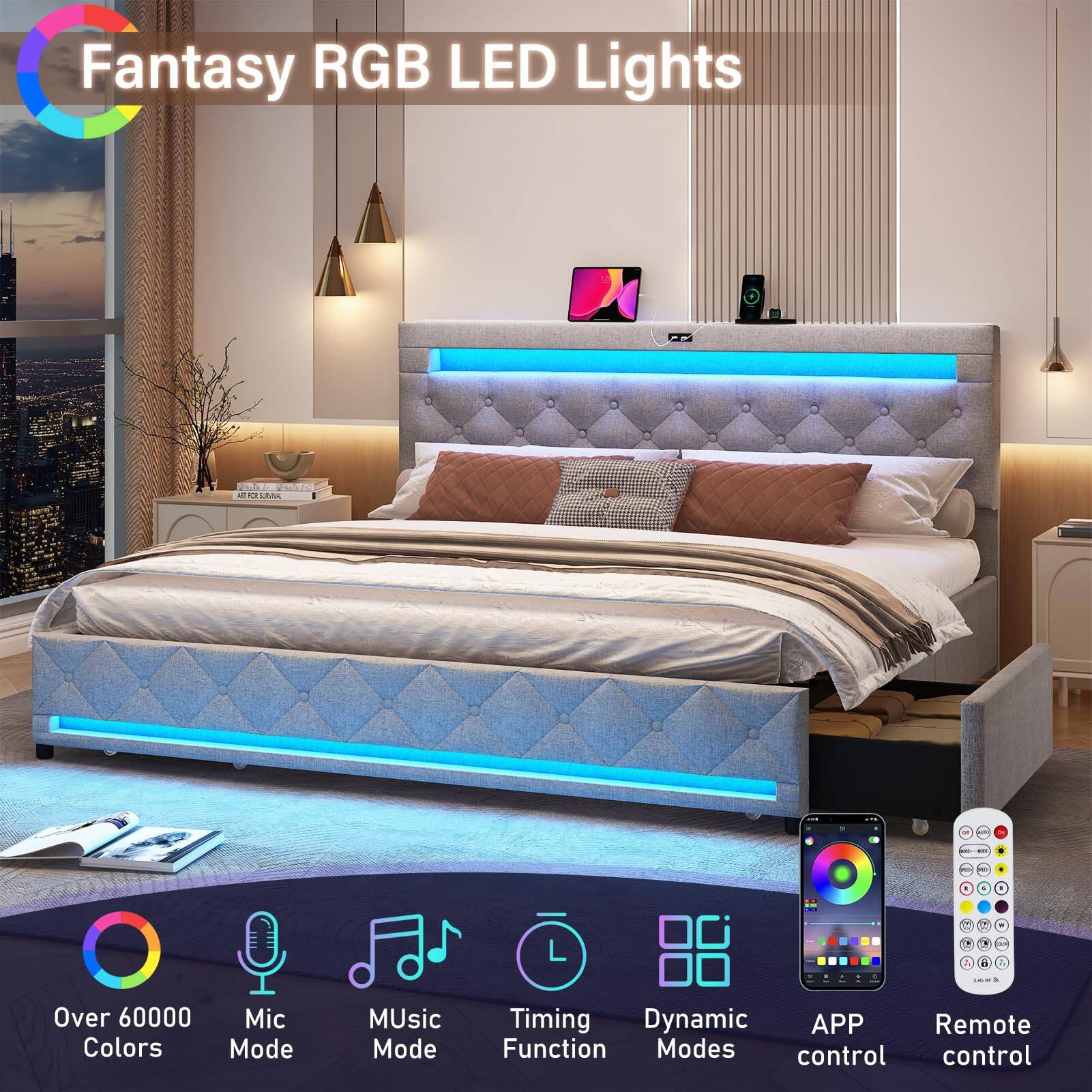 Fantasy RGB LED Lights

- Over 60000 Colors
- Mic Mode
- Music Mode
- Timing Function
- Dynamic Modes
- APP control
- Remote control