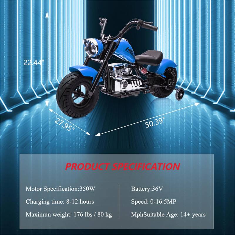 22.44"  
27.95"  
50.39"  

PRODUCT SPECIFICATION  

Motor Specification: 350W  
Charging time: 8-12 hours  
Maximum weight: 176 lbs / 80 kg  

Battery: 36V  
Speed: 0-16.5MPH  
Suitable Age: 14+ years