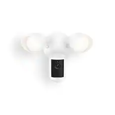 Front. Ring - Ring Floodlight Cam, Wired (newest model) — Wide-Angle Retinal 2K Video, 6x Enhanced Zoom, Ultra-Bright Floodlights - White.