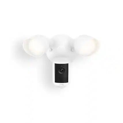 Front. Ring - Ring Floodlight Cam, Wired (newest model) — Wide-Angle Retinal 2K Video, 6x Enhanced Zoom, Ultra-Bright Floodlights - White.
