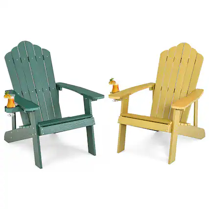 Front. Gymax - Gymax 2PCS Patio HIPS Adirondack Chair w/ Cup Holder Weather Resistant 380 LBS Green & Yellow - Green, Yellow.
