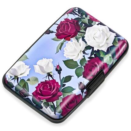 Front. Jadie Link - Credit Card Holder Women Rfid Blocking Aluminum Alloy Hard Case Small Mini Metal Wallet Men Happy Flower RFID-blocking - Rose.