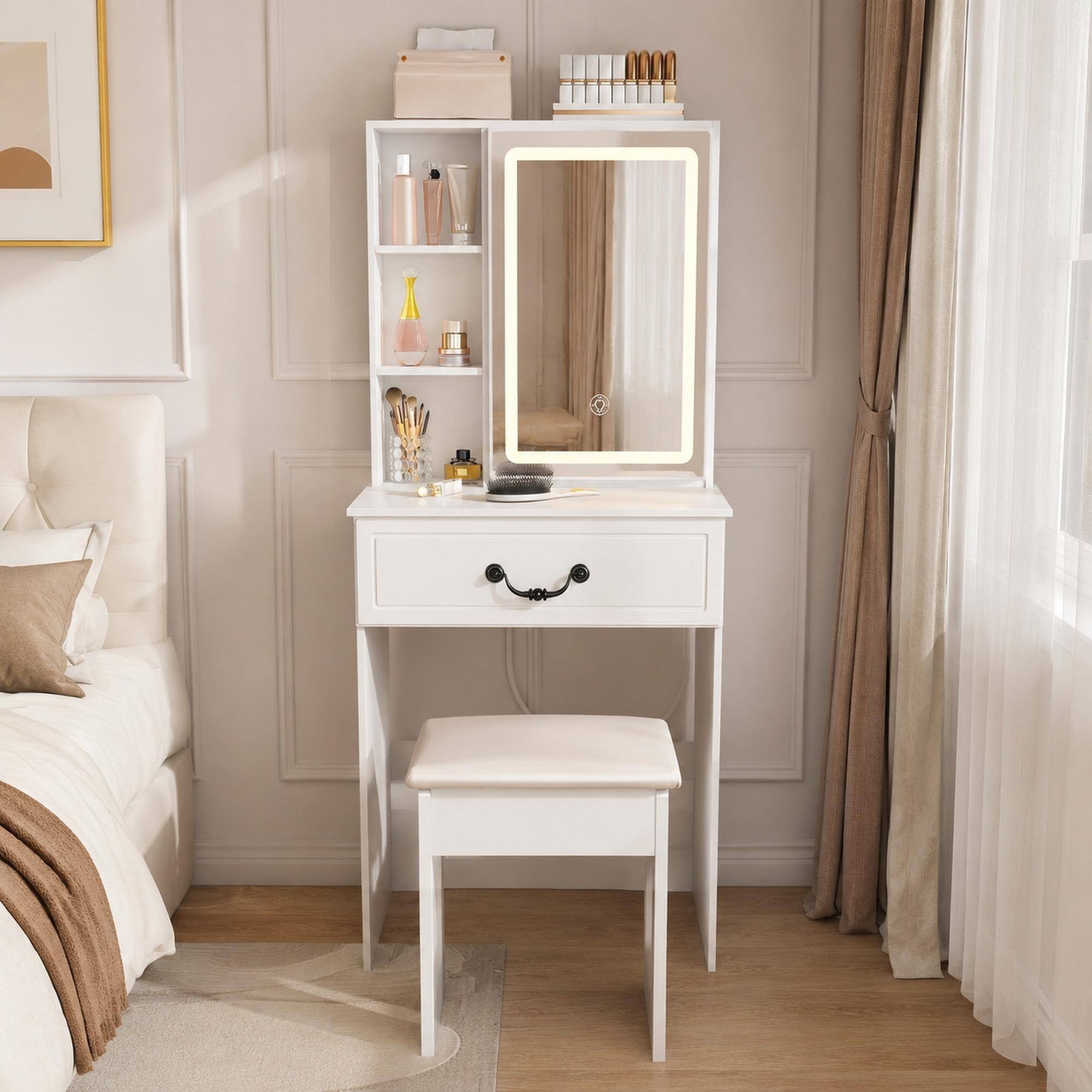 Front. RYHNUYNE - Modern Mini Vanity Desk, LED-Lit Mirror, Hidden Storage, Padded Stool, White - White.