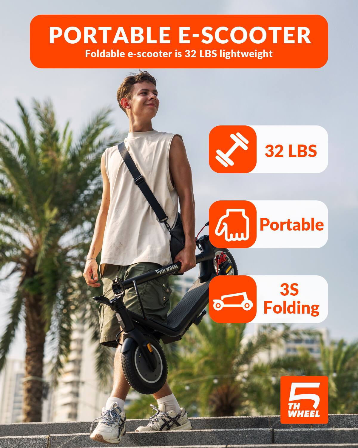PORTABLE E-SCOOTER, Foldable e-scooter is 32 LBS lightweight, 32 LBS, Portable, 3S Folding, 5TH WHEEL