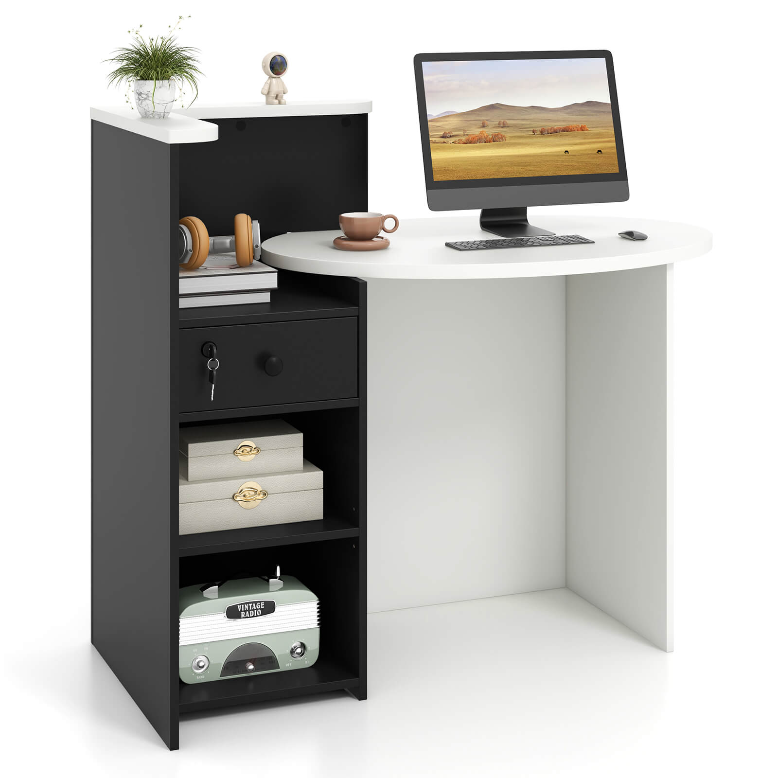 Costway - Front Reception Desk with Open Shelf and Lockable Drawer - Black and White
