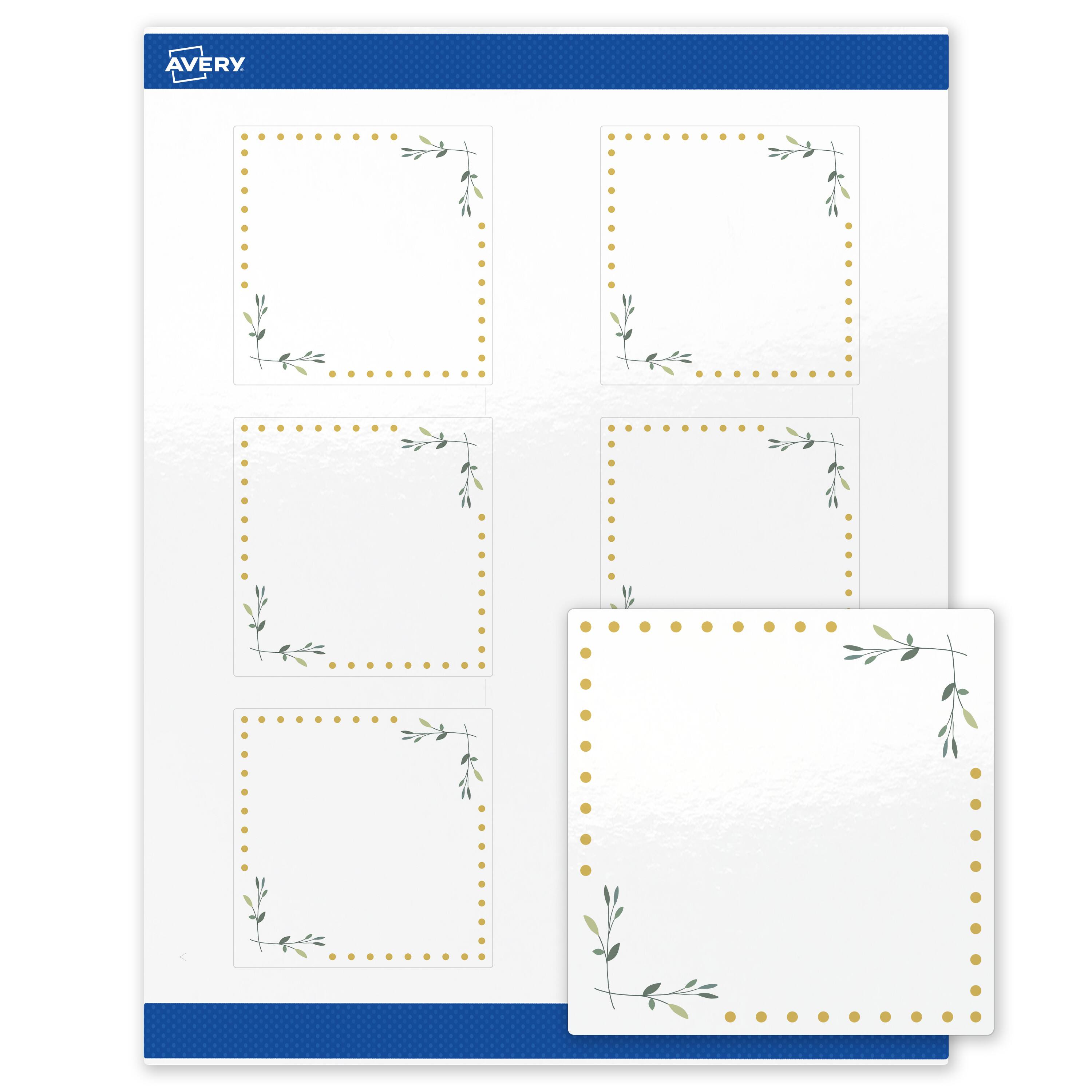 Front. Avery - Avery Labels, 3" x 3", Glossy White, Green Florals/Gold Dots - White.