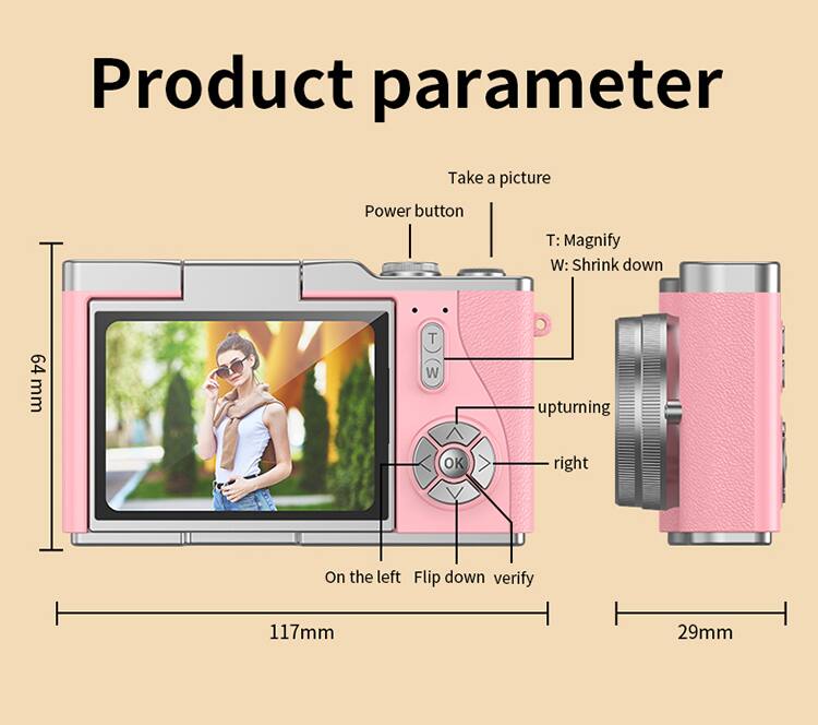 Product parameter

- Take a picture
- Power button
- T: Magnify
- W: Shrink down
- 64 mm
- 117 mm
- 29 mm
- Upturning
- OK
- Right
- On the left
- Flip down verify