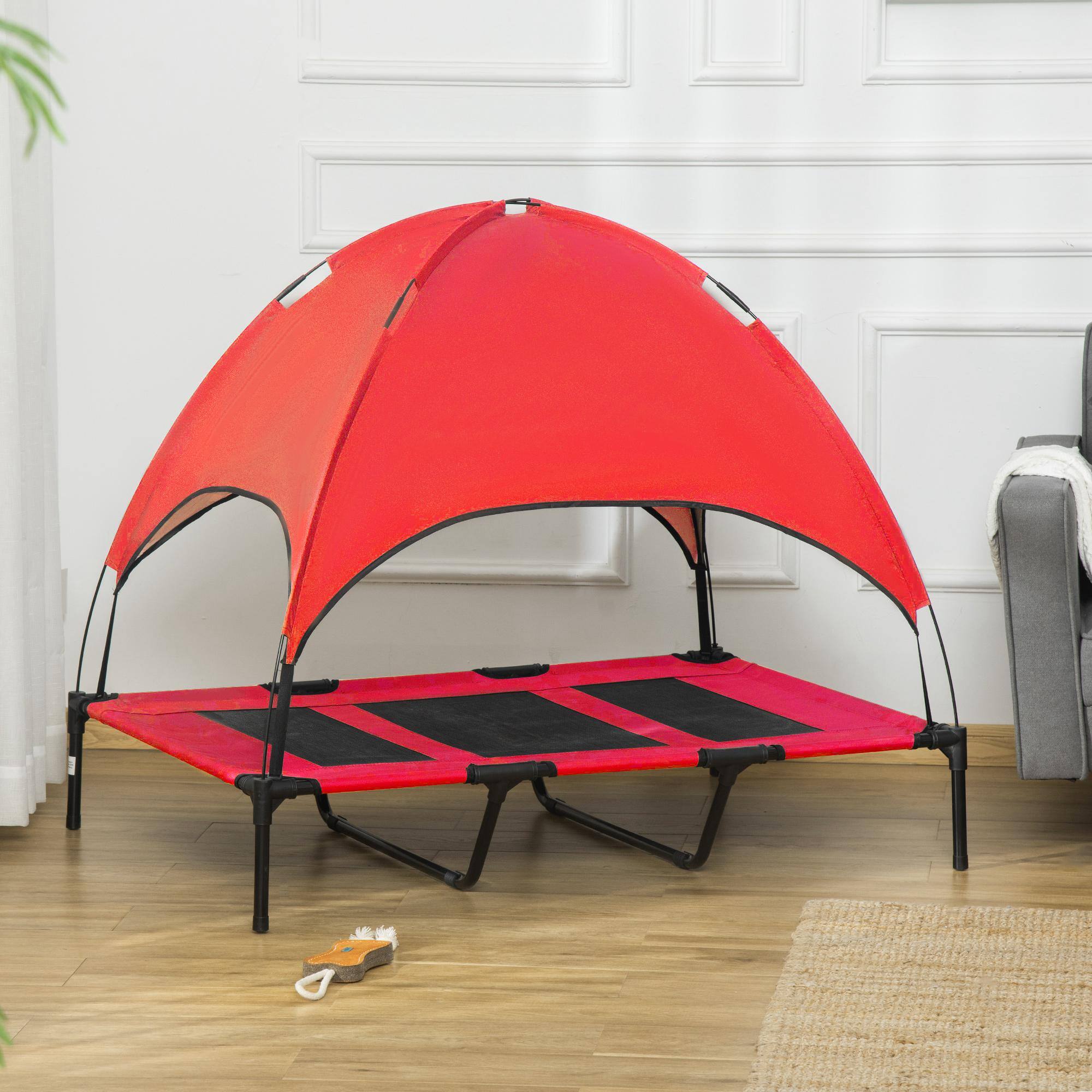 Alt View 1. Pawhut - 48" x 36" Elevated Portable Dog Cot Cooling Pet Bed with UV Protection Canopy Shade - Red.