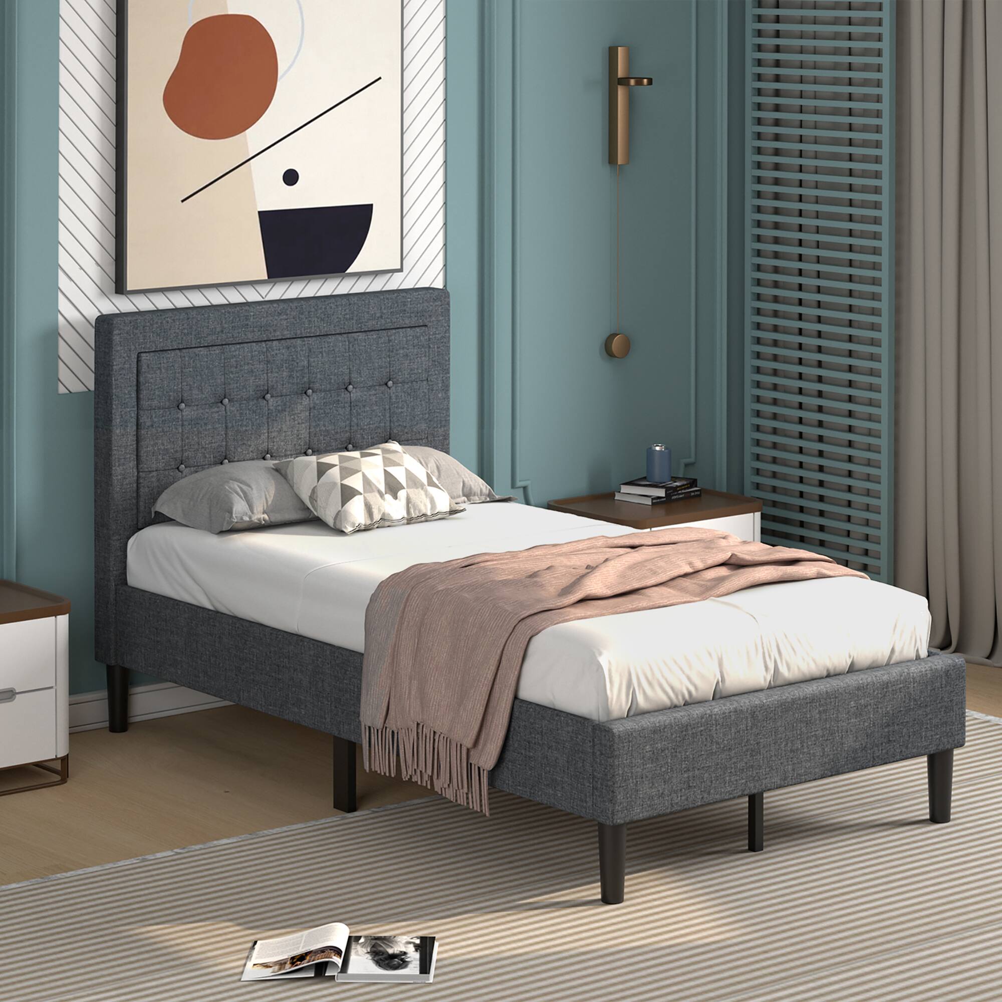 Alt View 3. Costway - Costway Twin Size Upholstered Bed Frame Button Tufted Headboard Mattress Foundation - Grey.