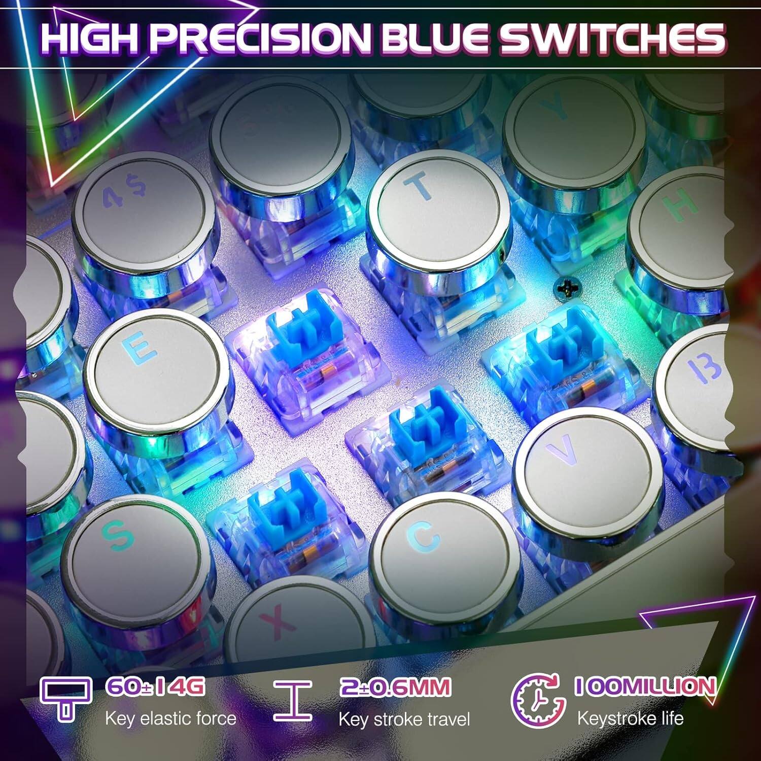 HIGH PRECISION BLUE SWITCHES

60±14G  
Key elastic force

2±0.6MM  
Key stroke travel

100MILLION  
Keystroke life
