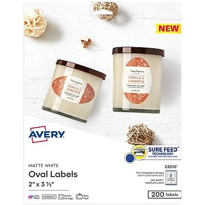 NEW  
CINNAMON VANILLA  
You Narvy VANILLA CINNAMON  
AVERY.  
SURE FEED" TECHNOLOGY IDA PARA  
MATTE WHITE Oval Labels 2" X 3 1/3"  
22570 FIN Templem ON VIONA AVERYCOMATEMPLATES 8 Fikad.a ULE AVERY PER - TEMPLATE122500  
Lesse PERMANENT BAJUT  
Prive The Edije  
Im Peef  
200 labels