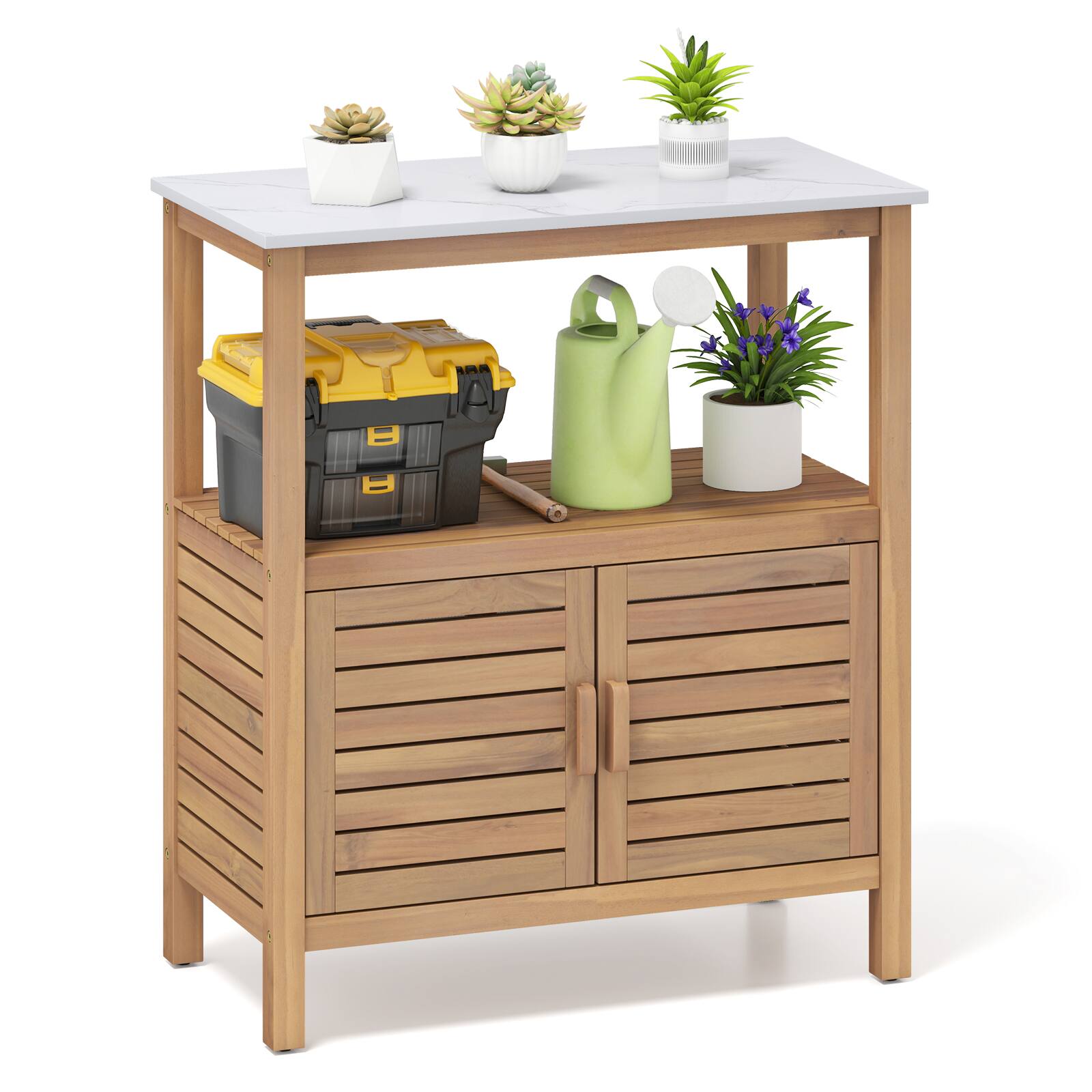Gymax - Outdoor Potting Bench w/ Resin Tabletop Storage Shelf & Cabinet Louvered Doors - Natural