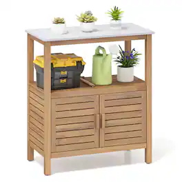 Gymax - Outdoor Potting Bench w/ Resin Tabletop Storage Shelf & Cabinet Louvered Doors - Natural