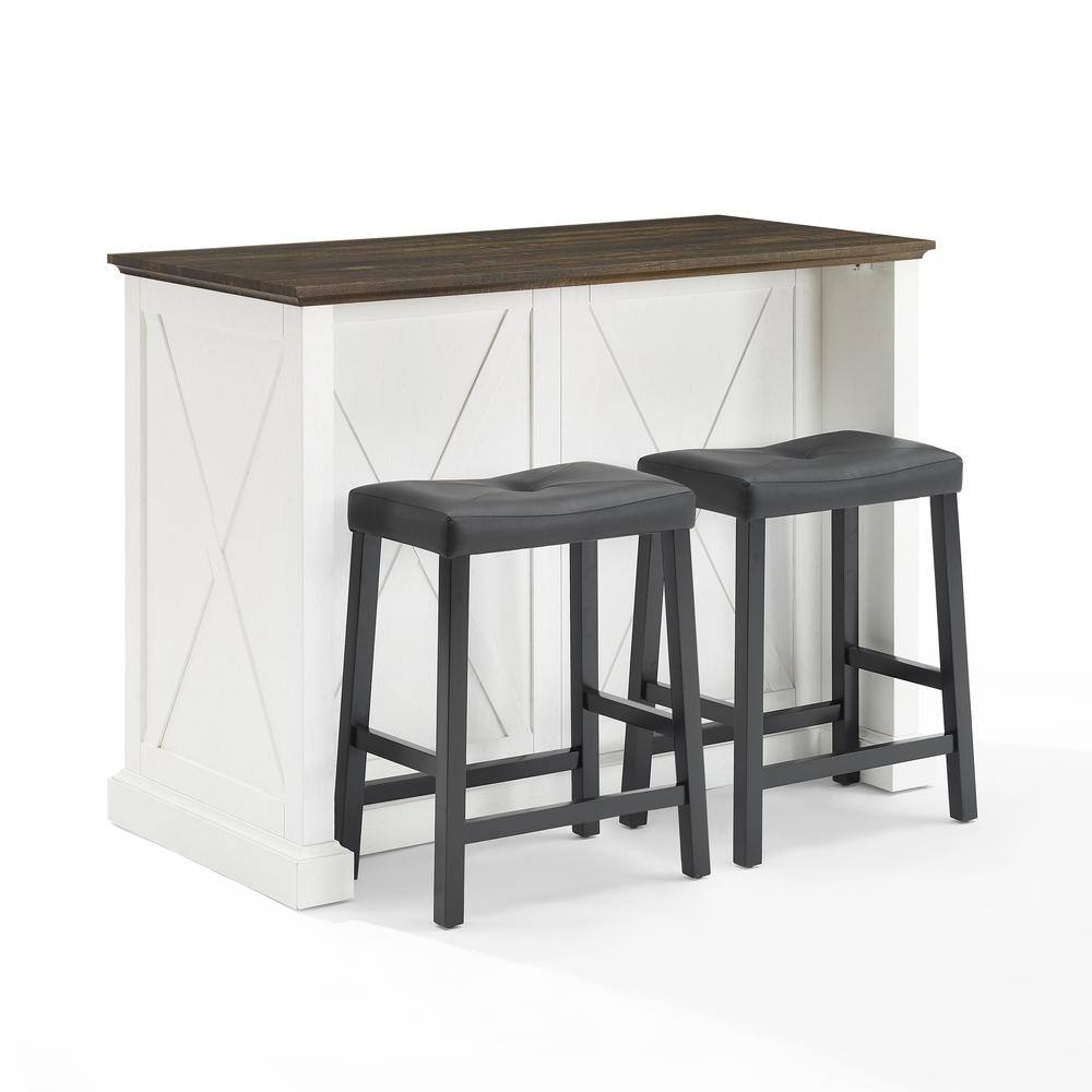 Alt View 2. Crosley Furniture - Clifton Kitchen Island W/Uph Saddle Stools - Kitchen Island & 2 Stools - Distressed White.