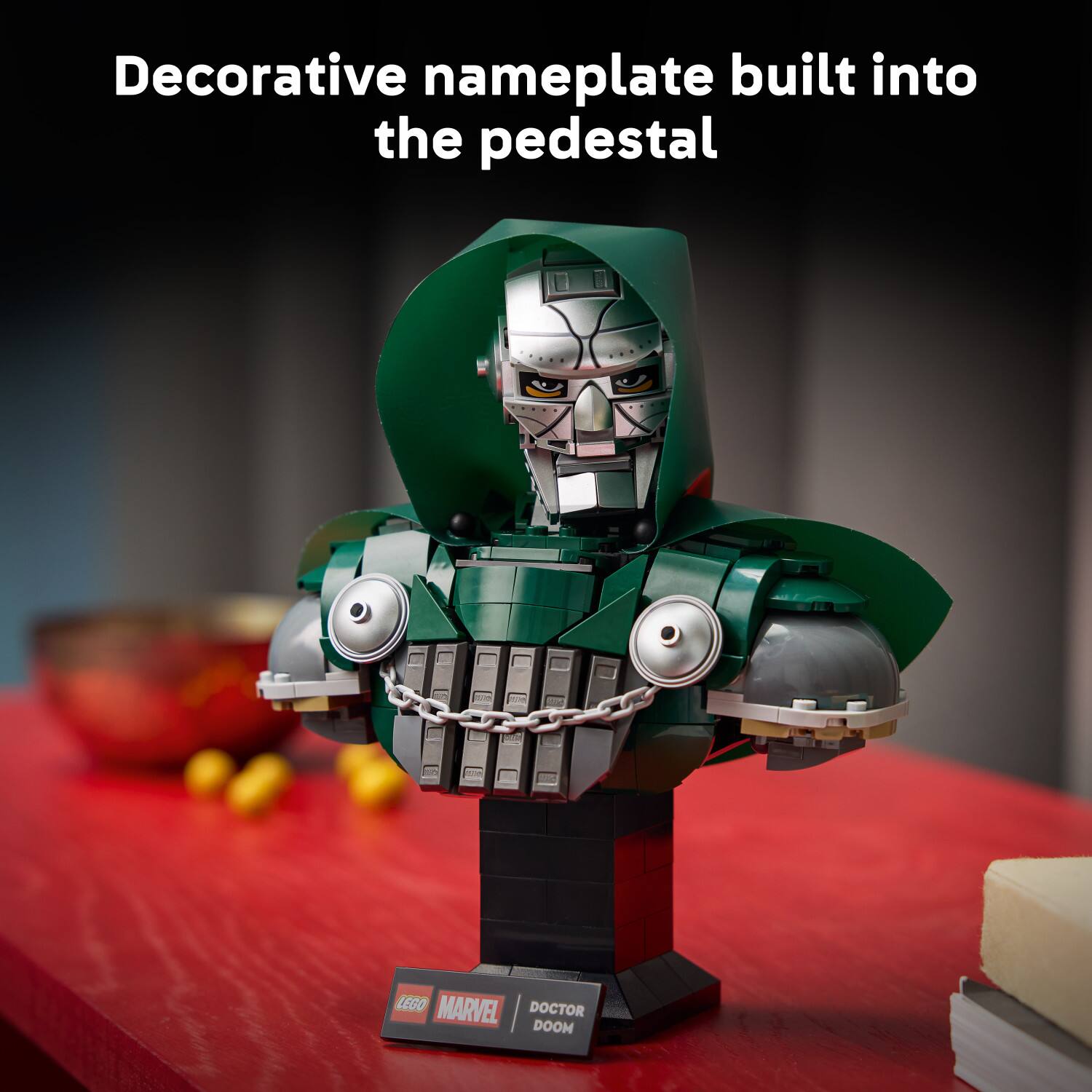 Decorative nameplate built into the pedestal

LEGO MARVEL DOCTOR DOOM