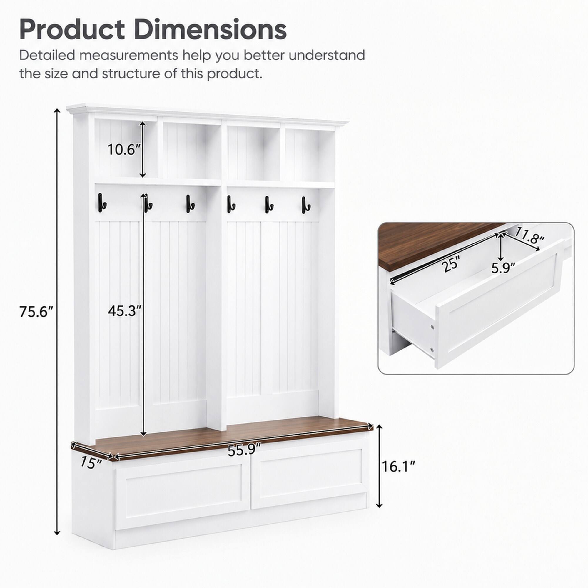 RYHNUYNE Farmhouse 4 in 1 Hall Tree, 55.9 in Wood Grain Bench, 2 ...